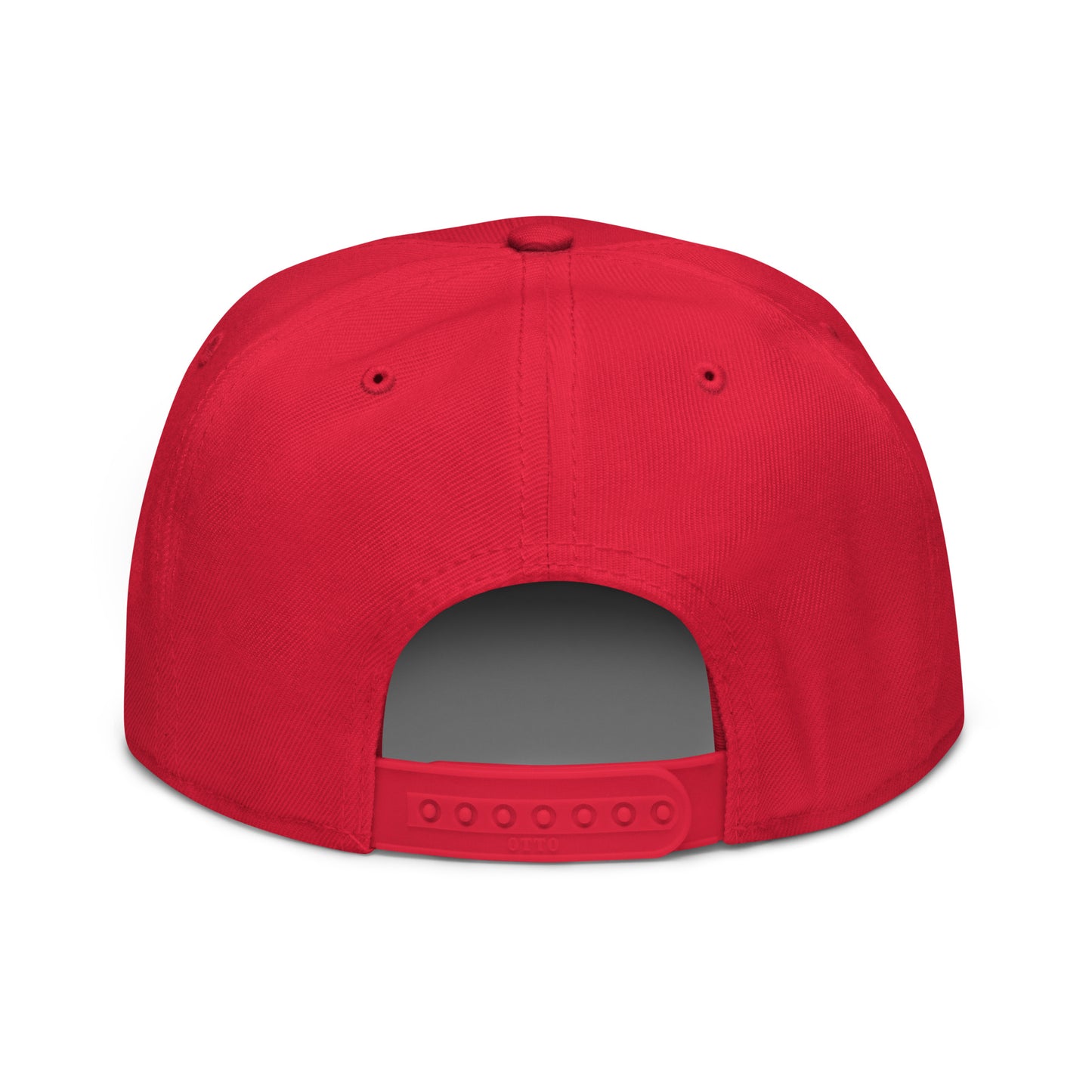 Red snapback hat with open back panel and adjustable plastic strap