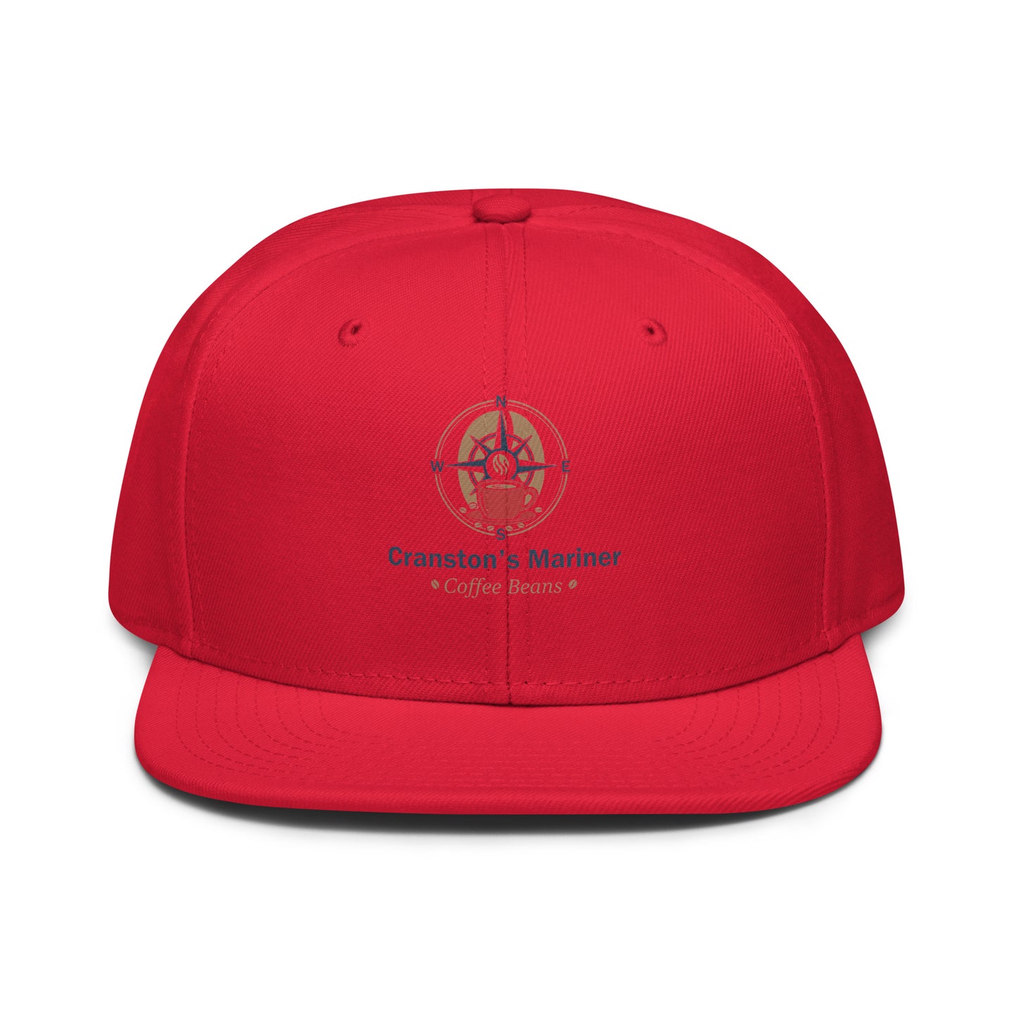 Snapback hat with red crown and black brim, central emblem and "Cranston's Mariner" text