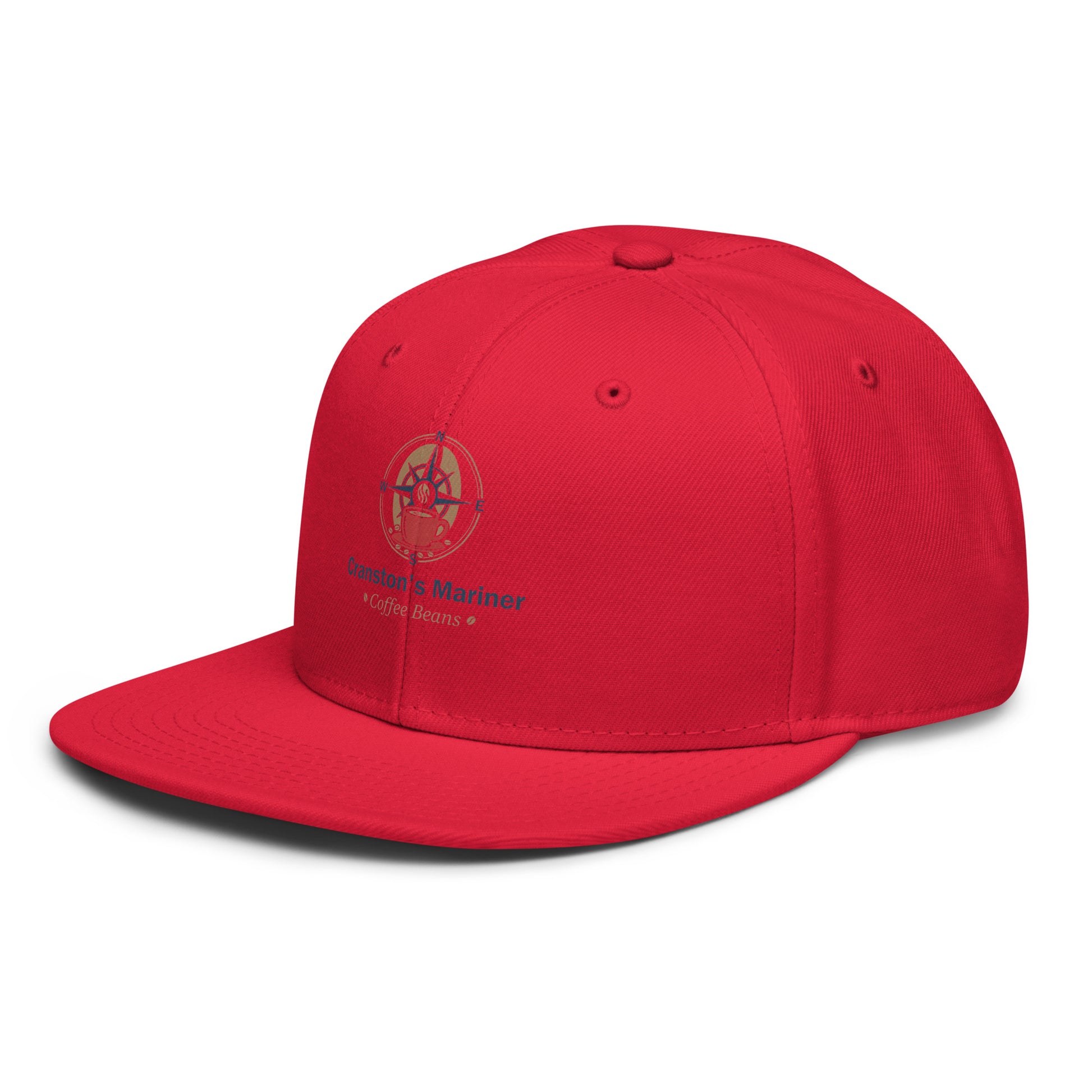 Red snapback hat with front stitched eyelets and logo patch on crown