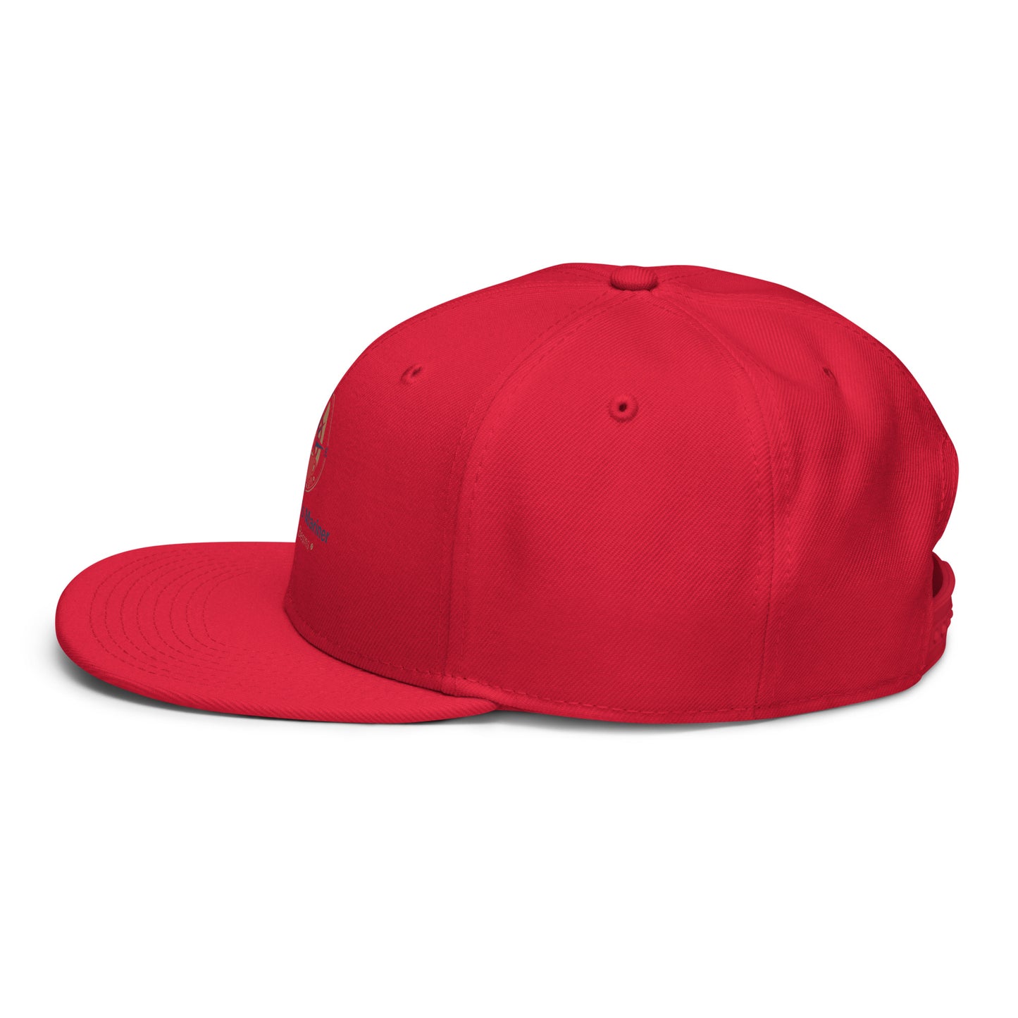 Red snapback hat with curved brim and front panel ventilation eyelets