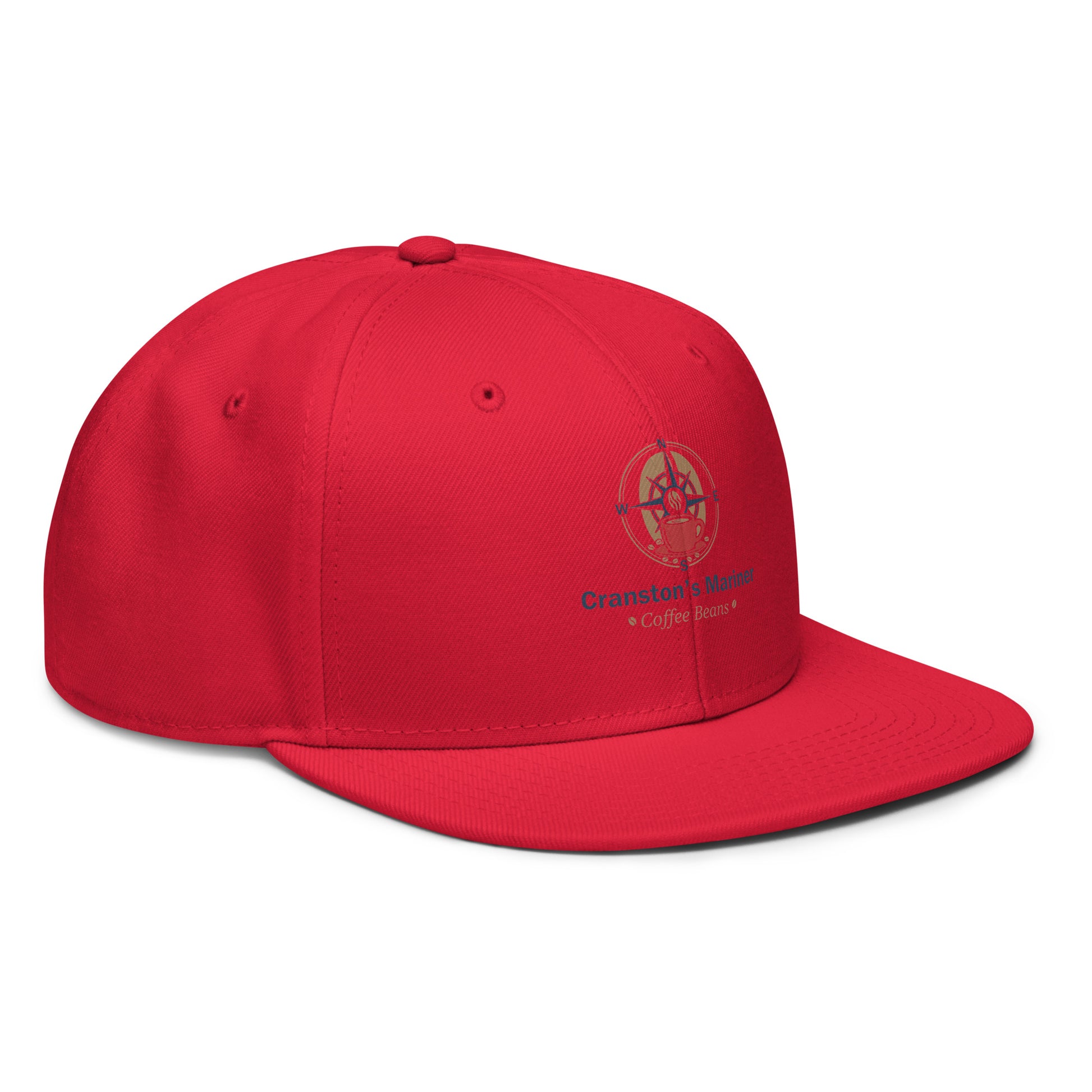 Red snapback hat with logo patch on crown and curved brim