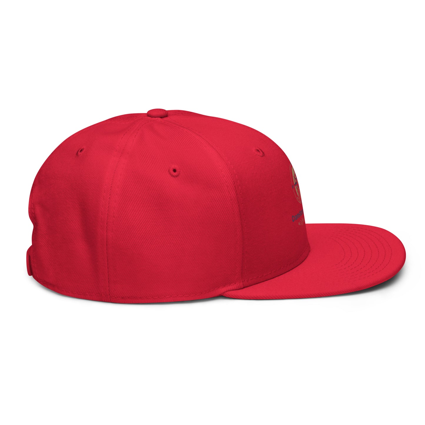 Red snapback hat with curved brim and side ventilation grommets