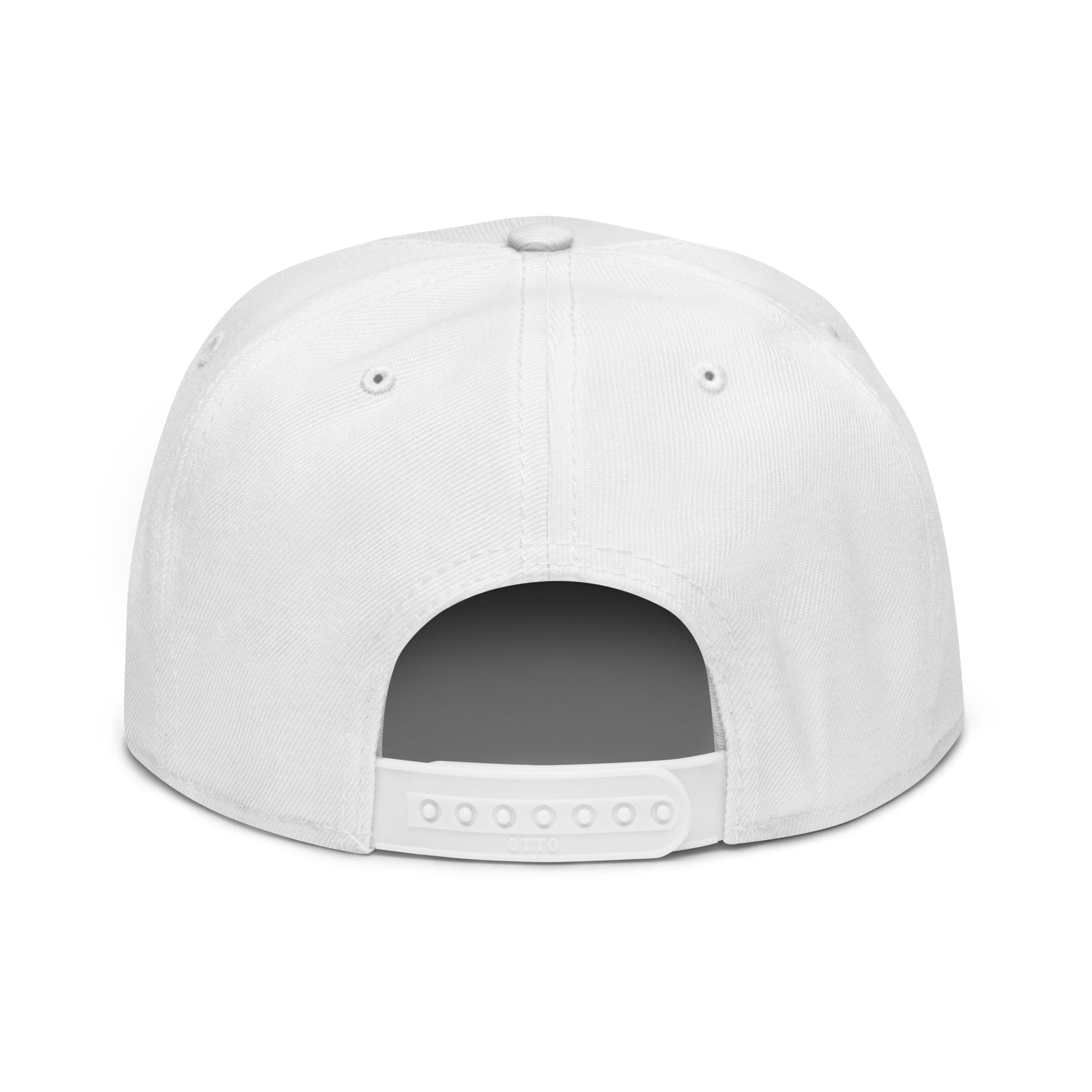 White snapback hat with black underside brim and open front panel