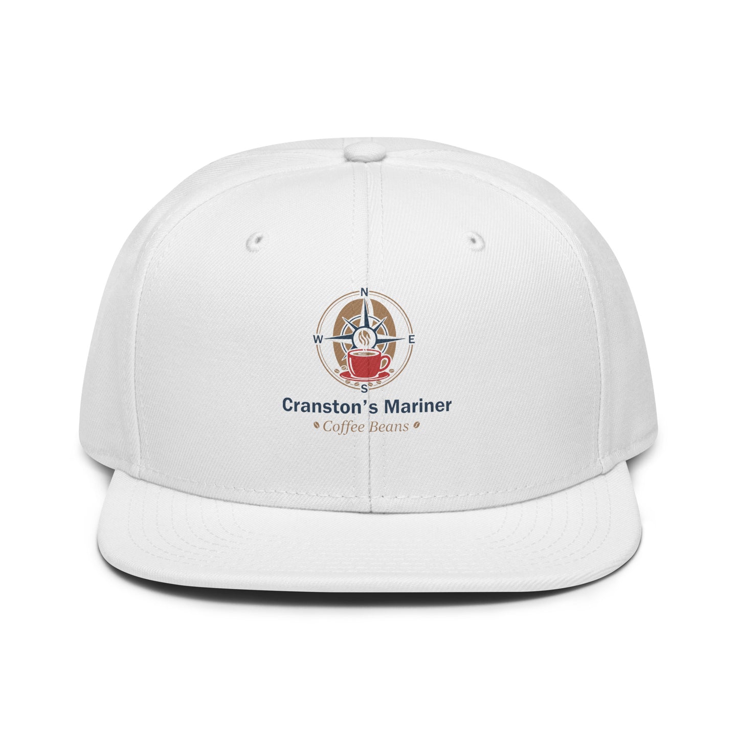 White snapback hat with black brim and Cranston's Mariner Coffee Beans logo