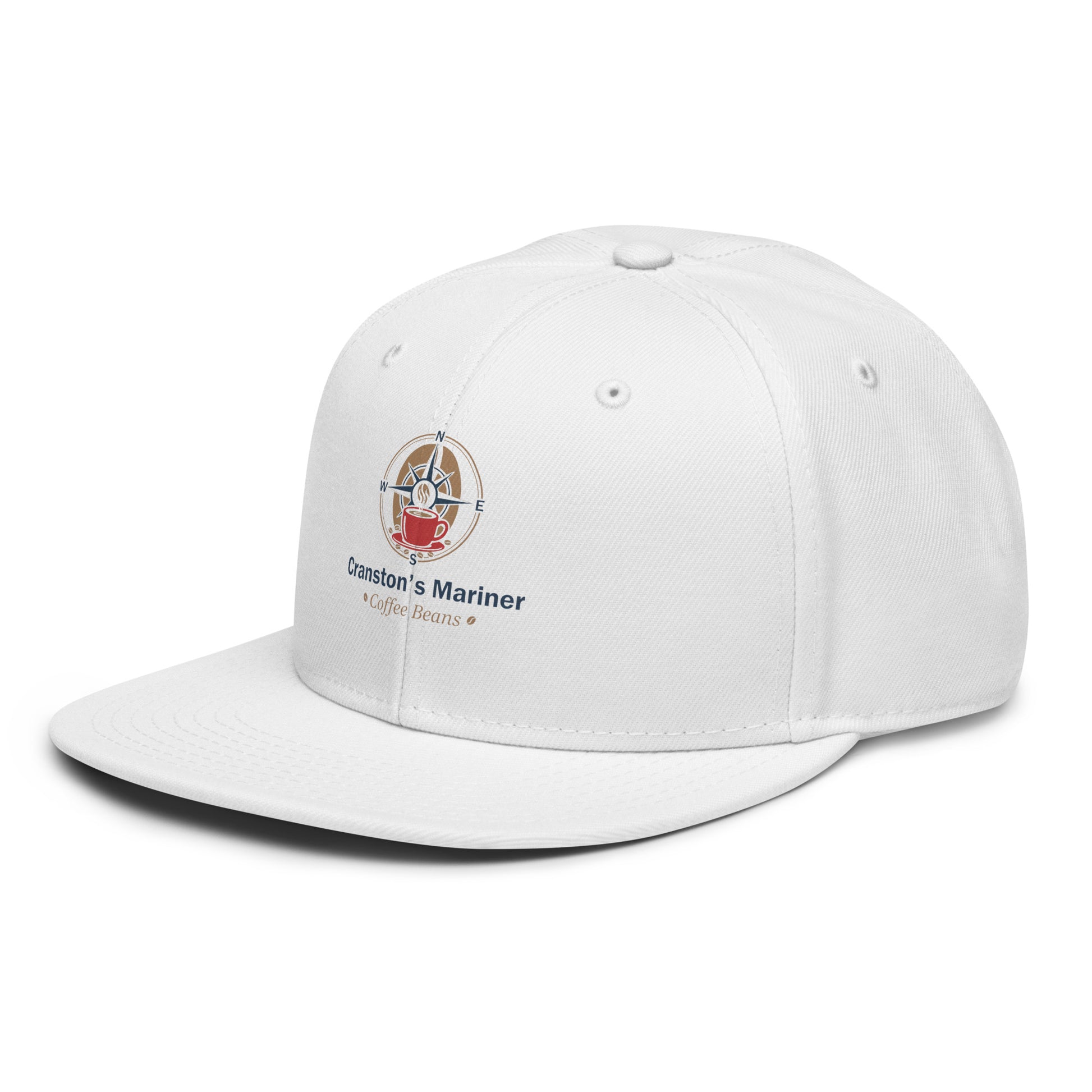 White snapback hat with front logo patch and stitched curved brim