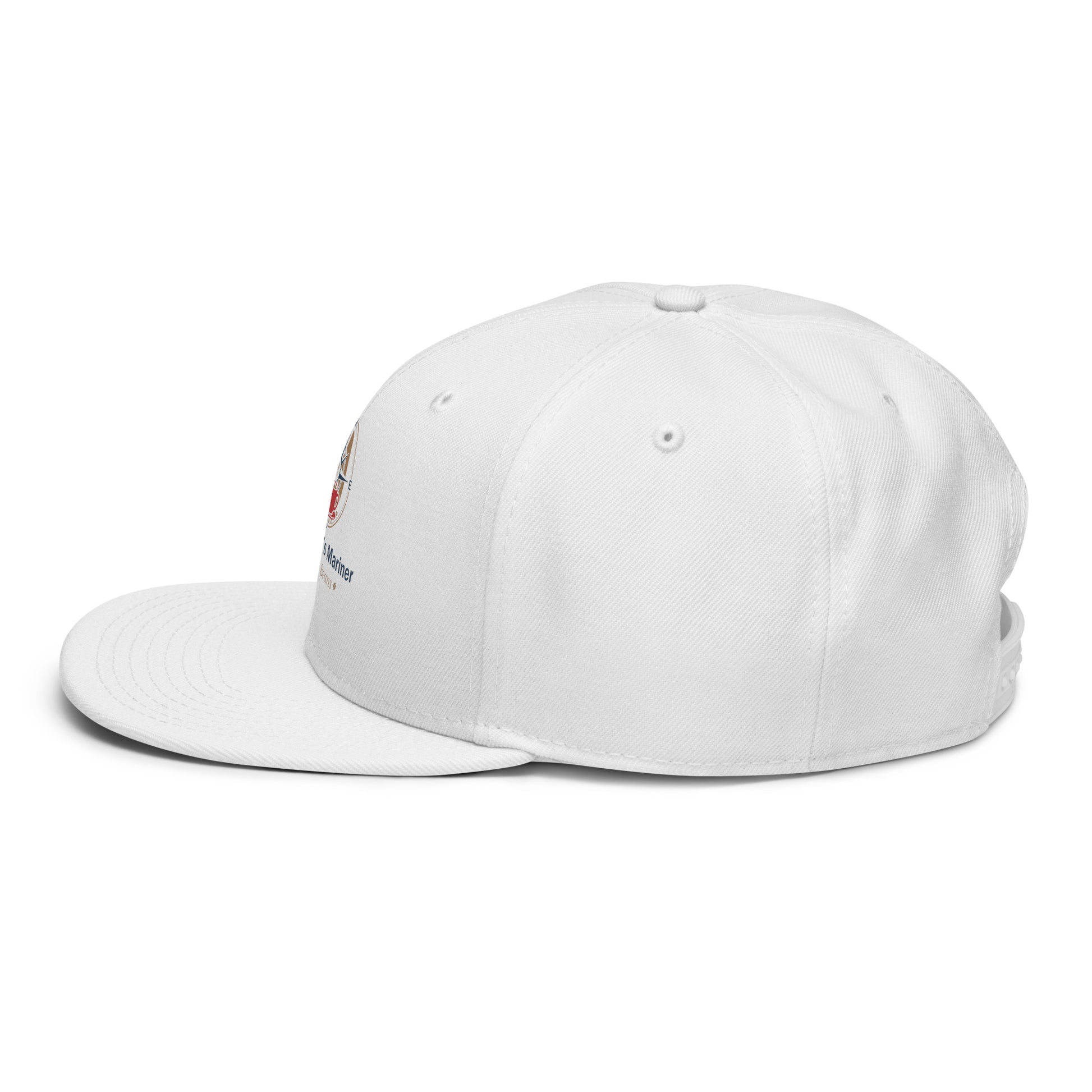 White snapback hat, side view with small logo patch
