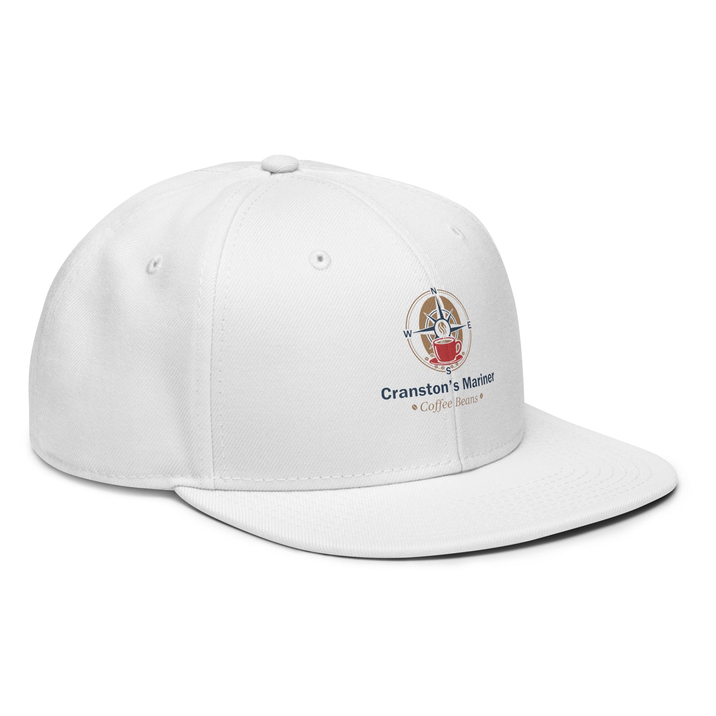 White snapback hat with side logo patch and curved brim