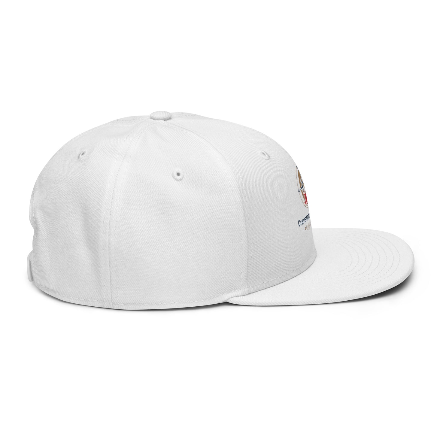 White snapback hat, angled view with side logo patch