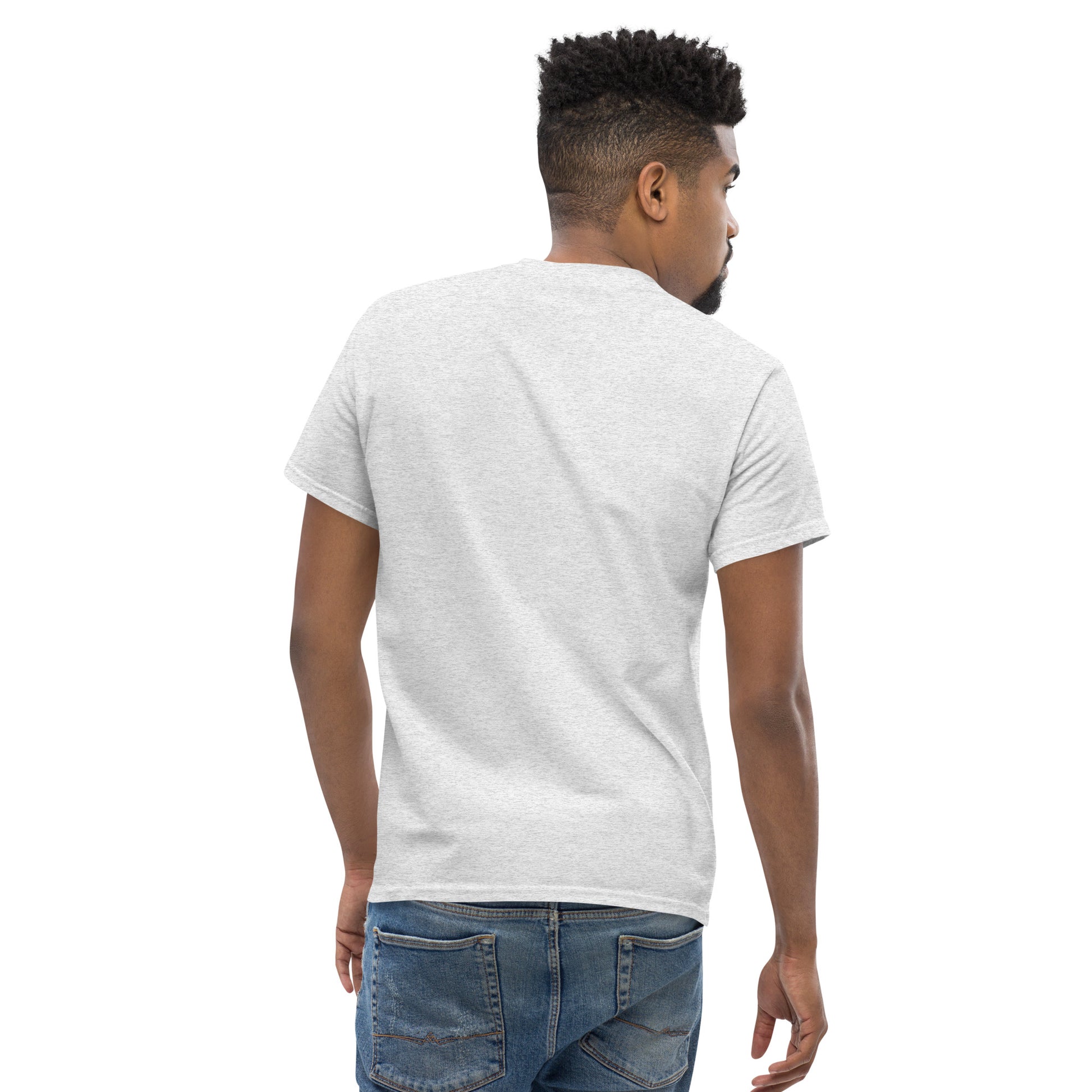 Unisex classic T-shirt, heather gray, short sleeves; plain back from side view