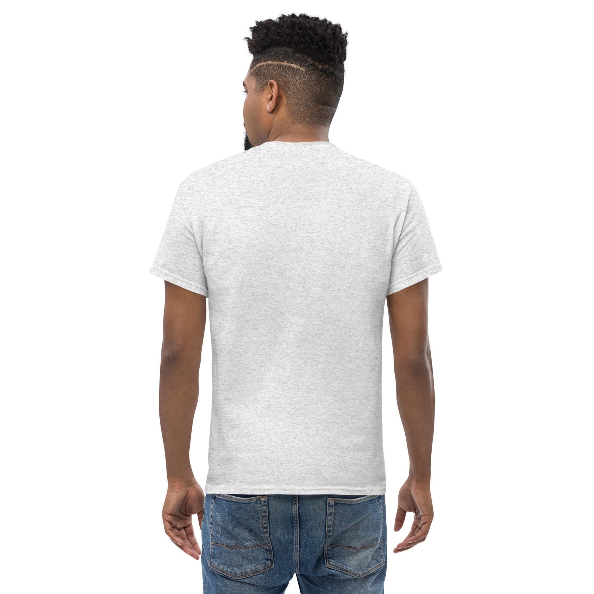 Unisex classic T-shirt, heather gray, short sleeves; plain back view