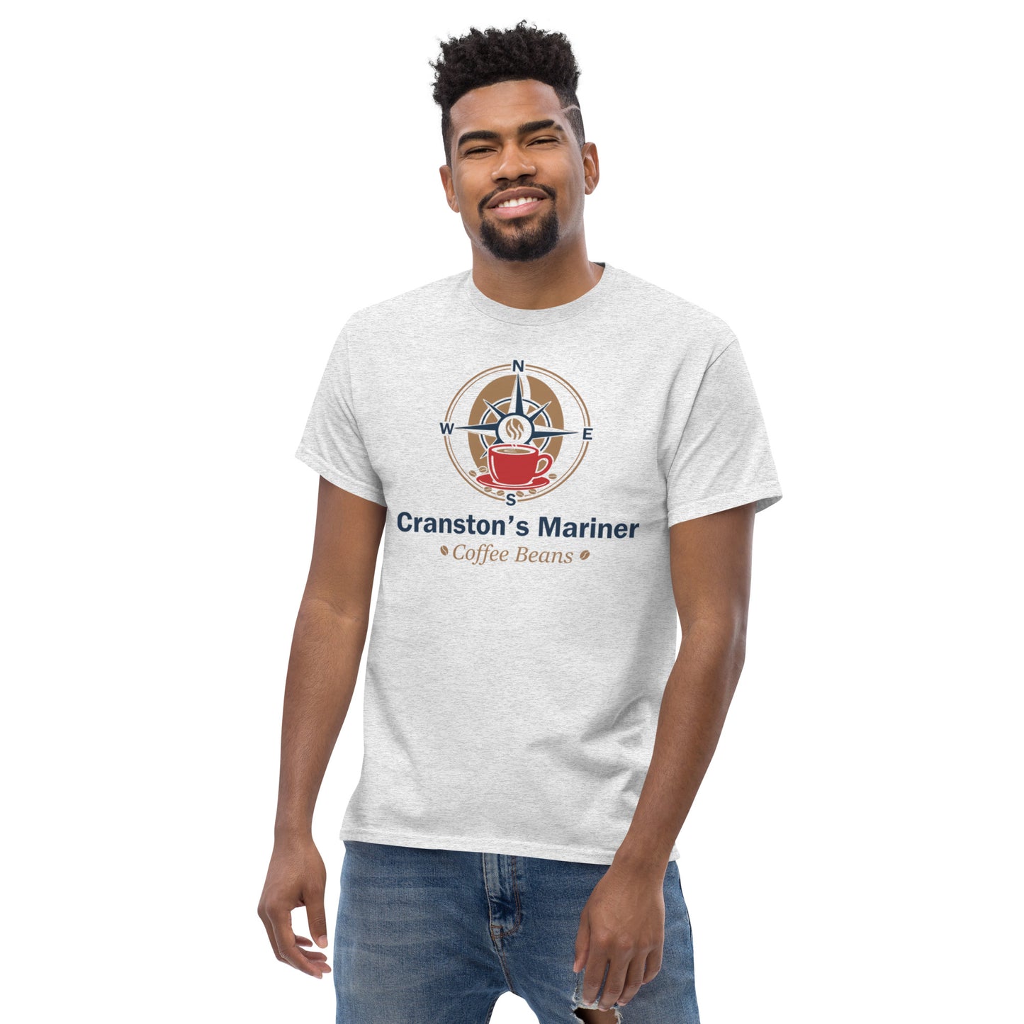 Unisex classic T-shirt, heather gray, crew neck; marine emblem and Coffee Beans text