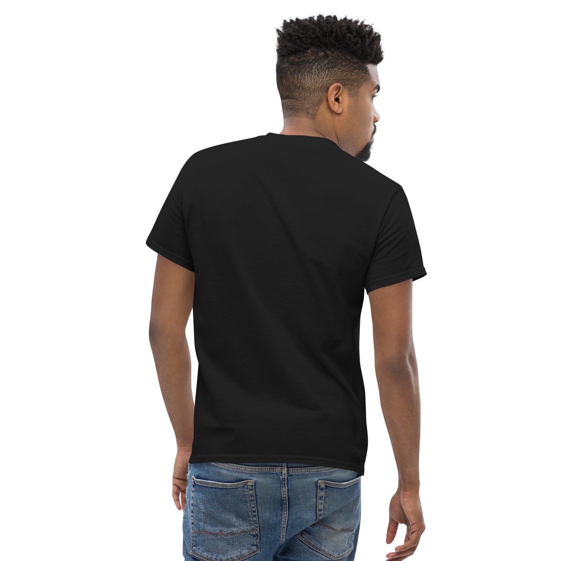 Unisex classic T-shirt, black, back side view, plain