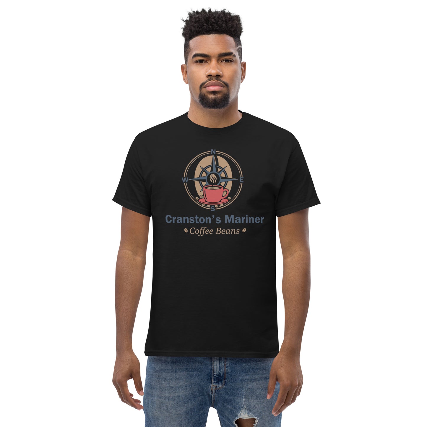 Black unisex classic T-shirt with round graphic logo and text on chest