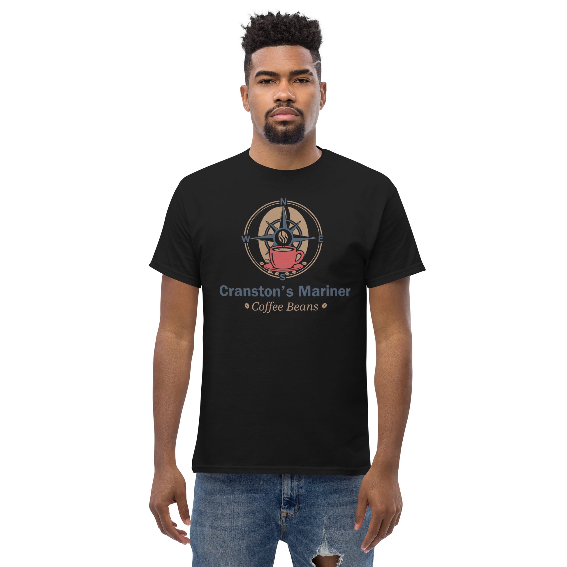 Black unisex classic T-shirt with round graphic logo and text on chest