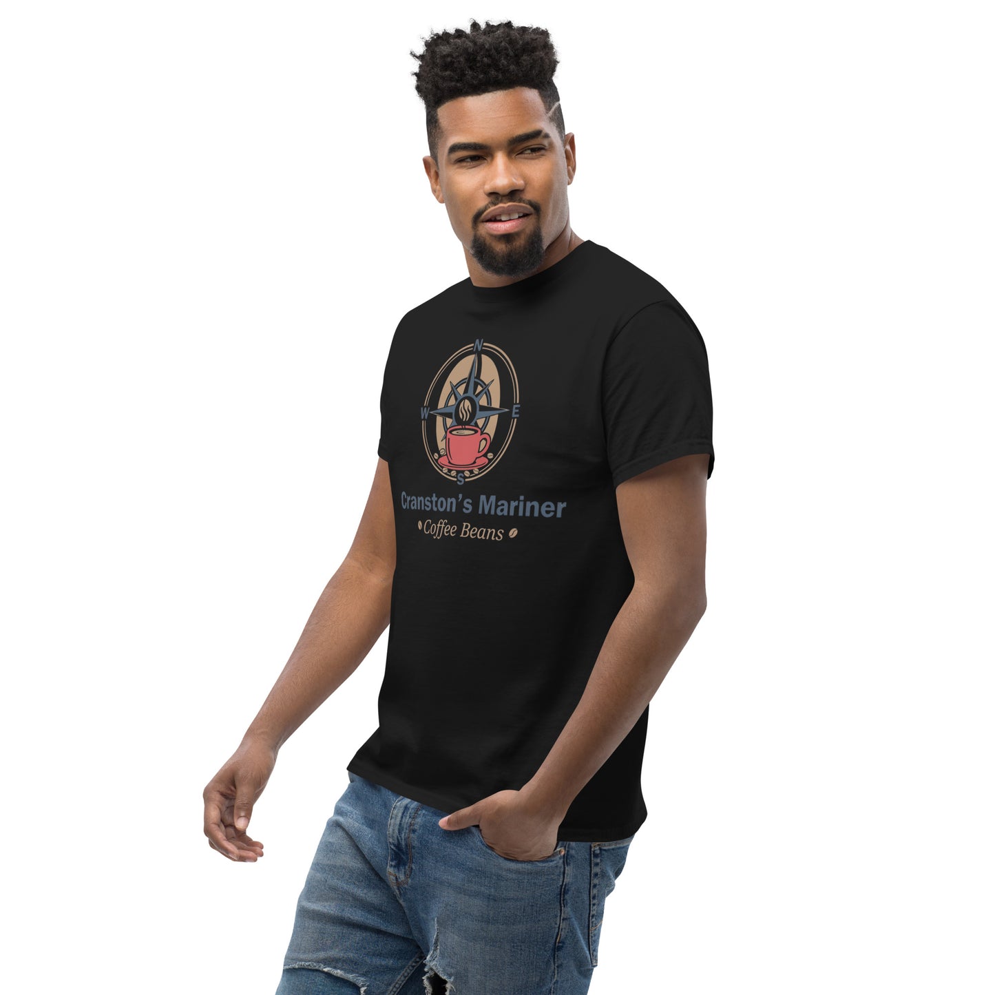Unisex classic T-shirt, black, front graphic logo and coffee beans text