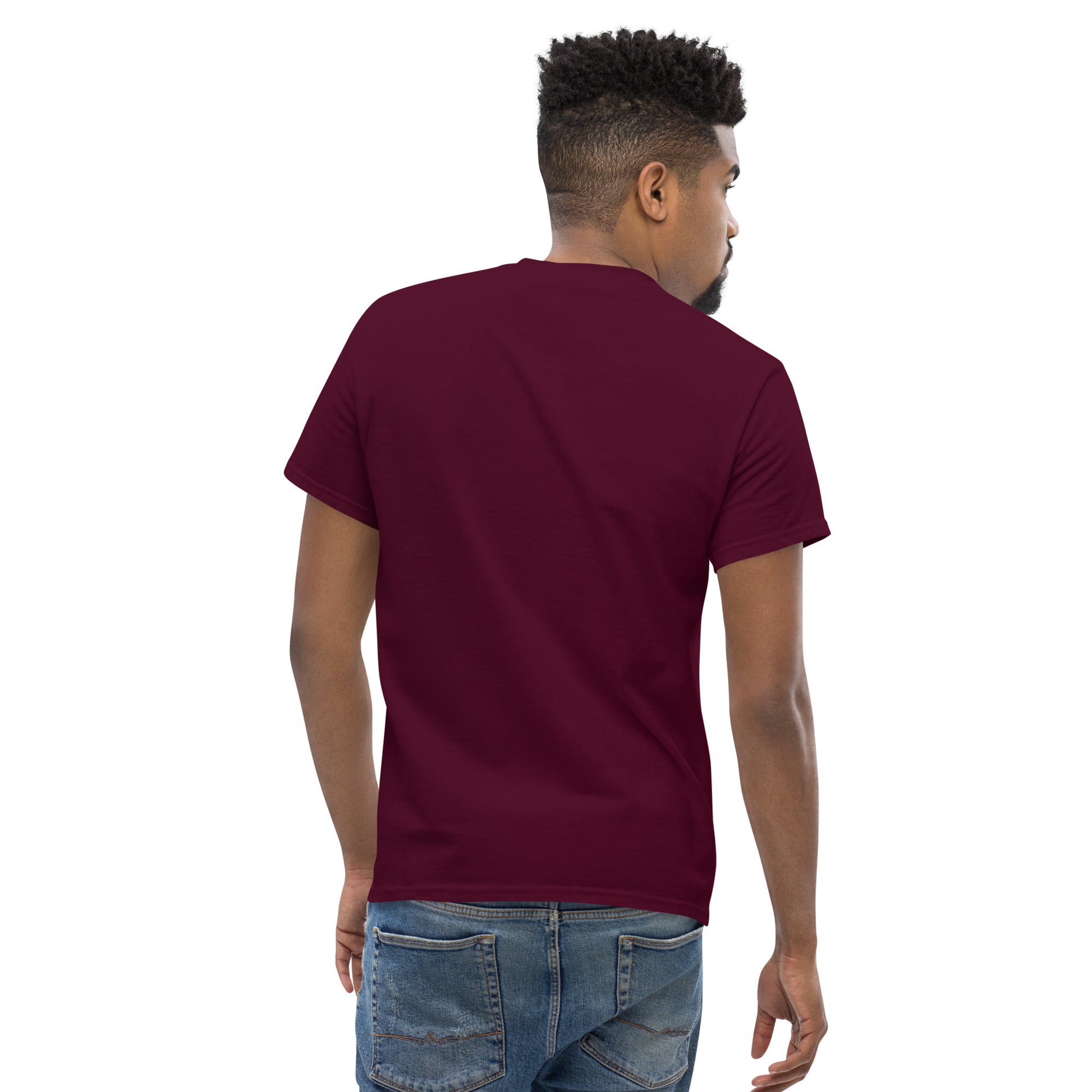 Maroon unisex classic T-shirt back view with crew neck and short sleeves