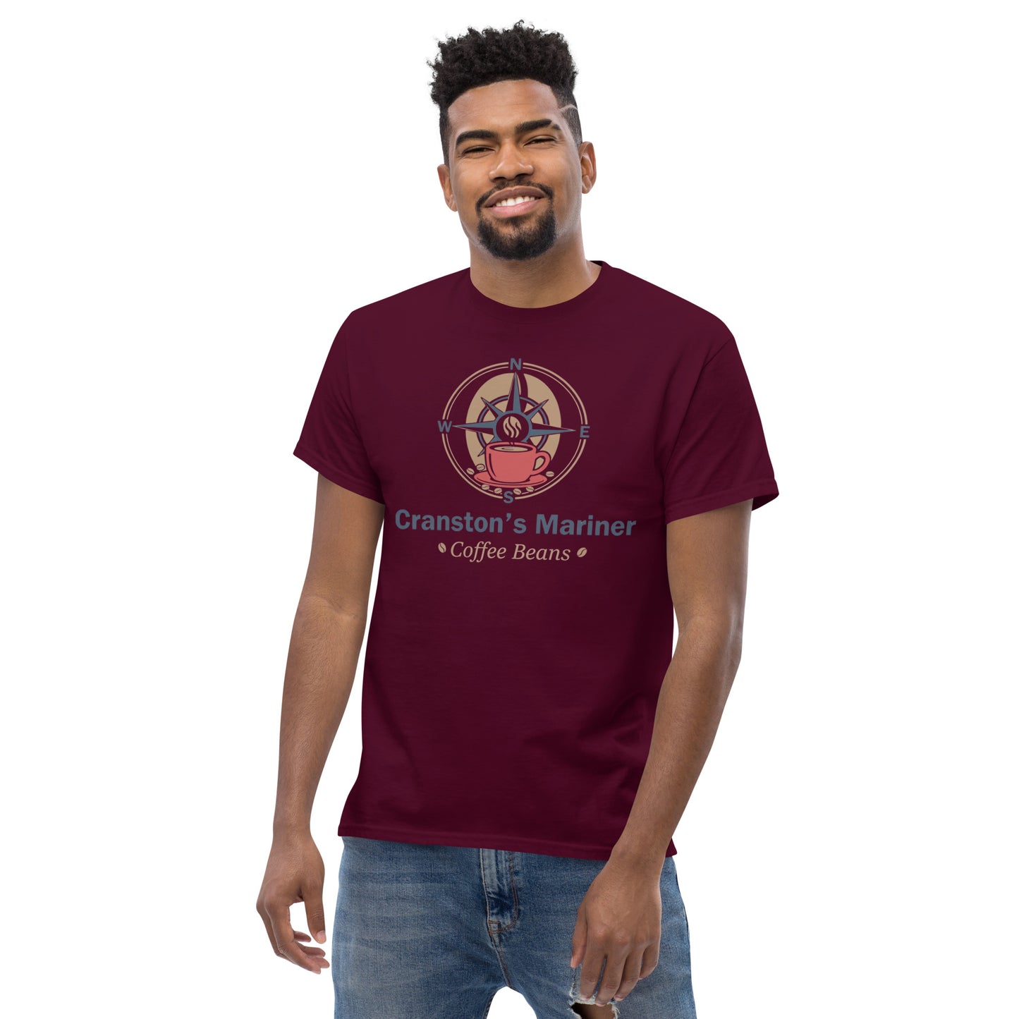 Maroon unisex classic T-shirt with centered chest graphic logo and text