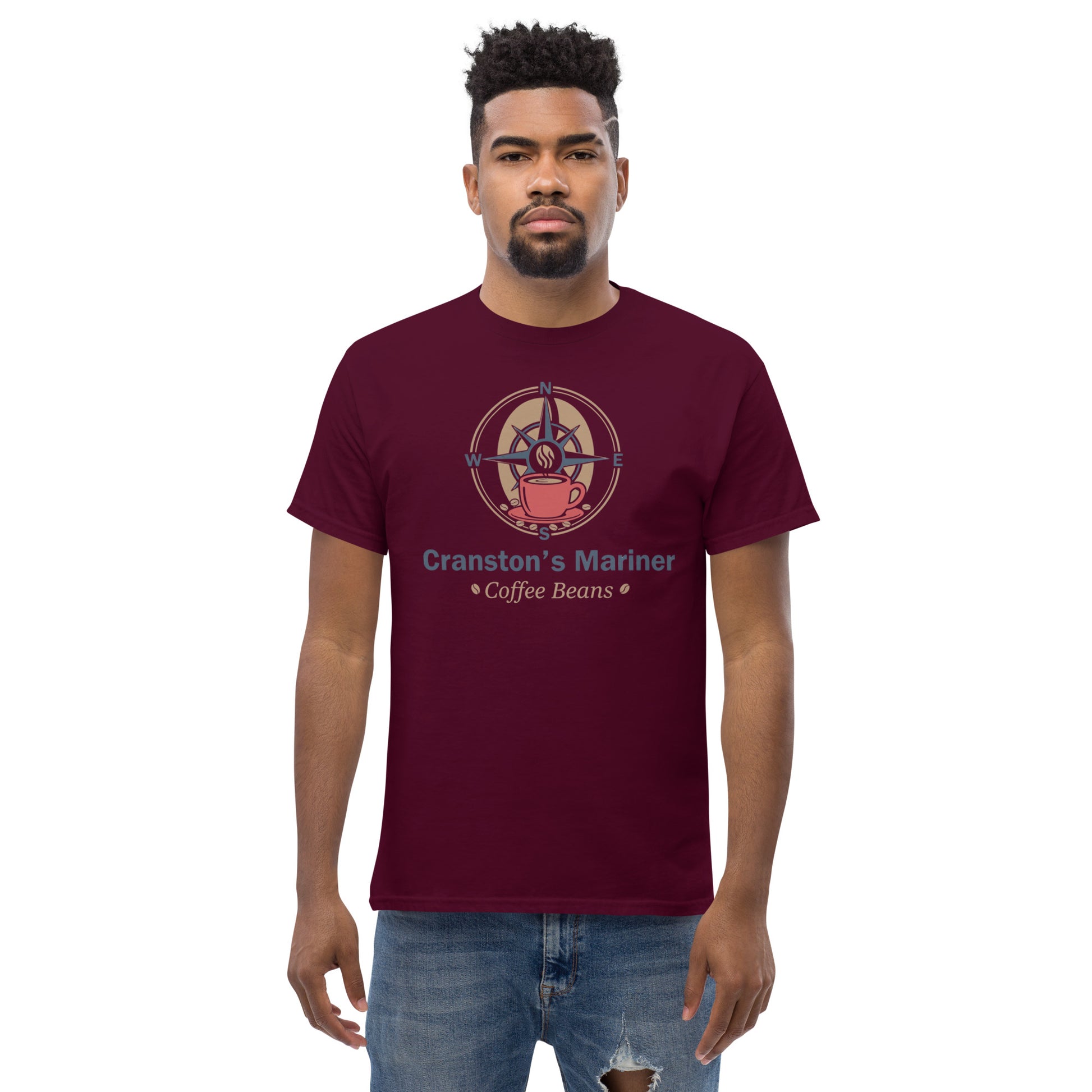 Maroon unisex classic T-shirt with round graphic logo and printed text on chest