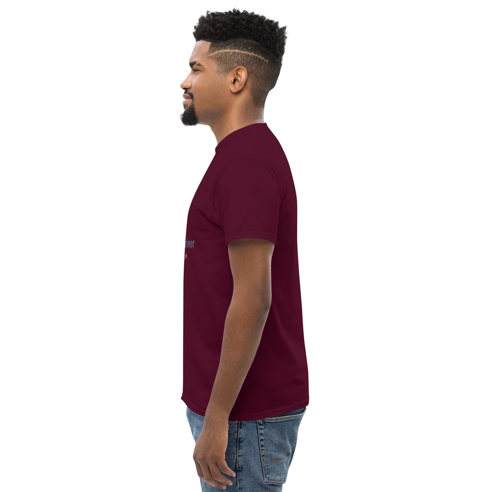 Maroon unisex classic T-shirt side view with crew neck and short sleeves