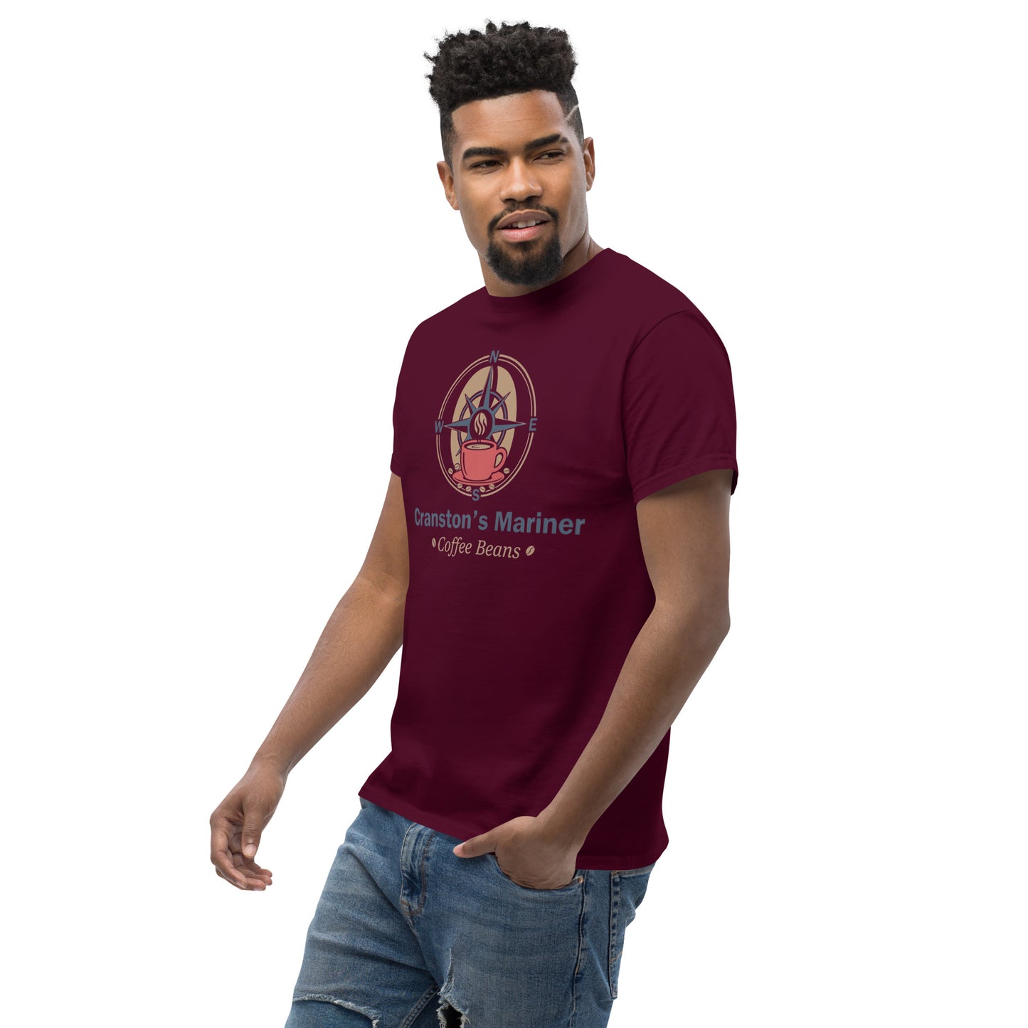 Maroon unisex classic T-shirt with round chest graphic logo and text