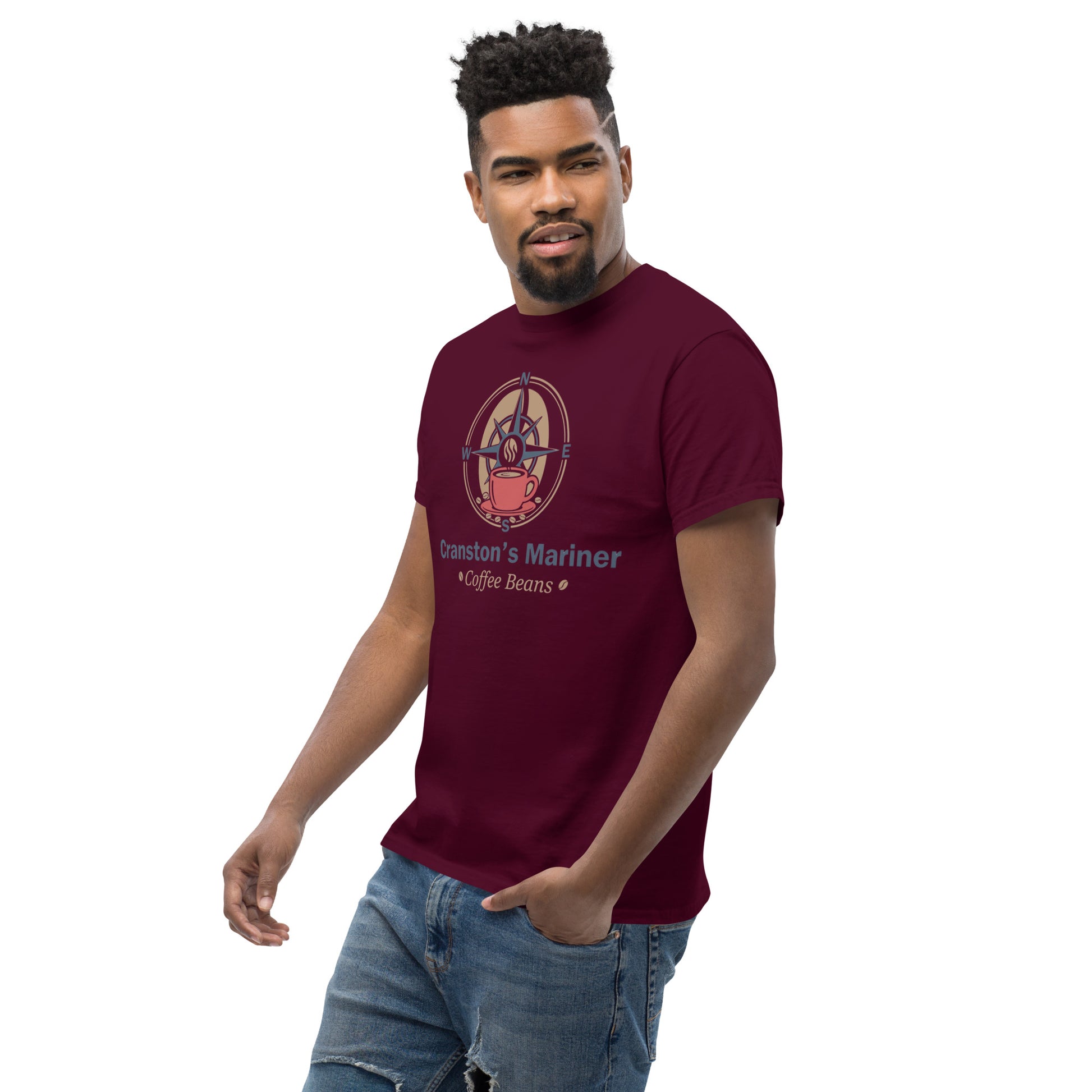 Maroon unisex classic T-shirt with round chest graphic logo and text