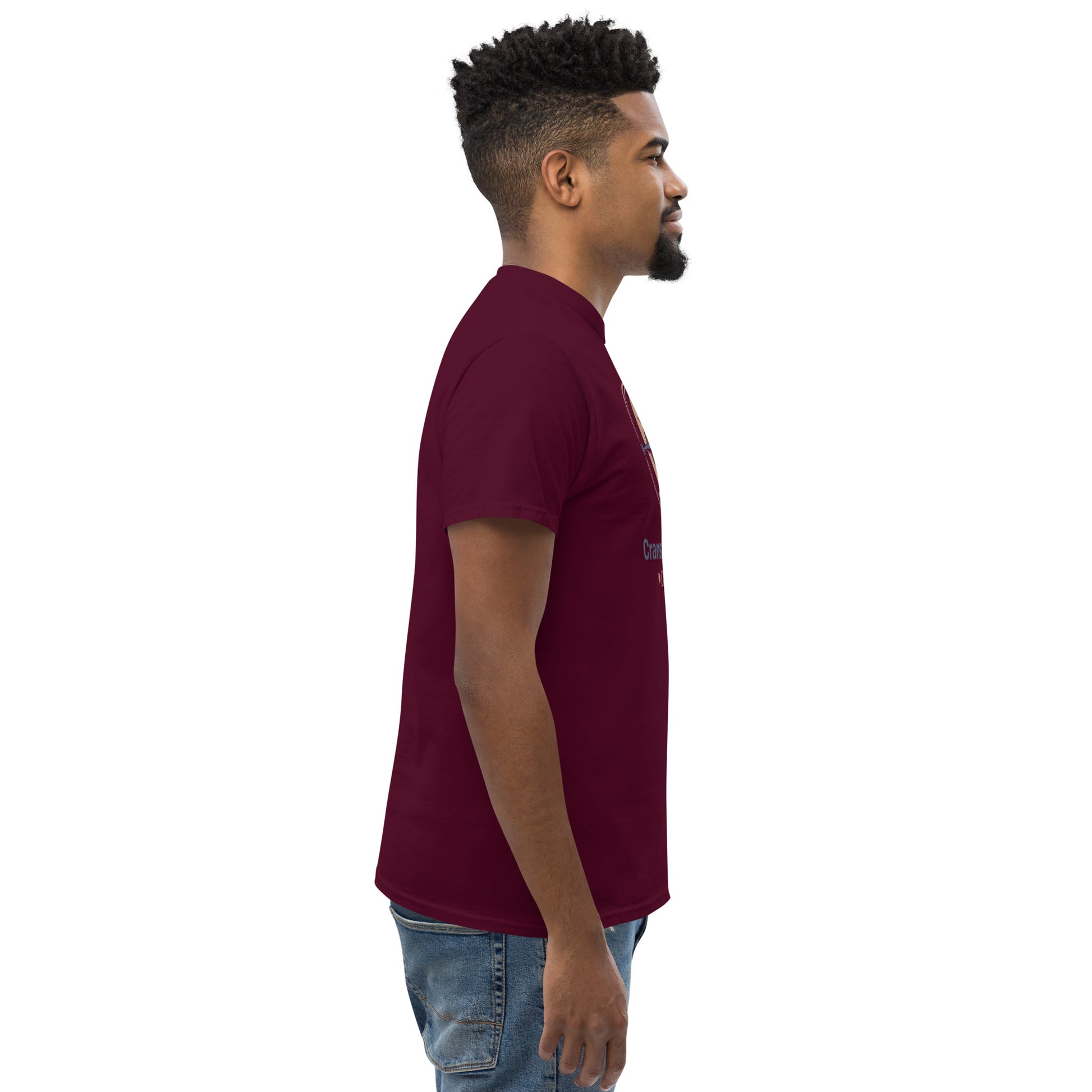 Maroon unisex classic T-shirt side profile with crew neck and short sleeves