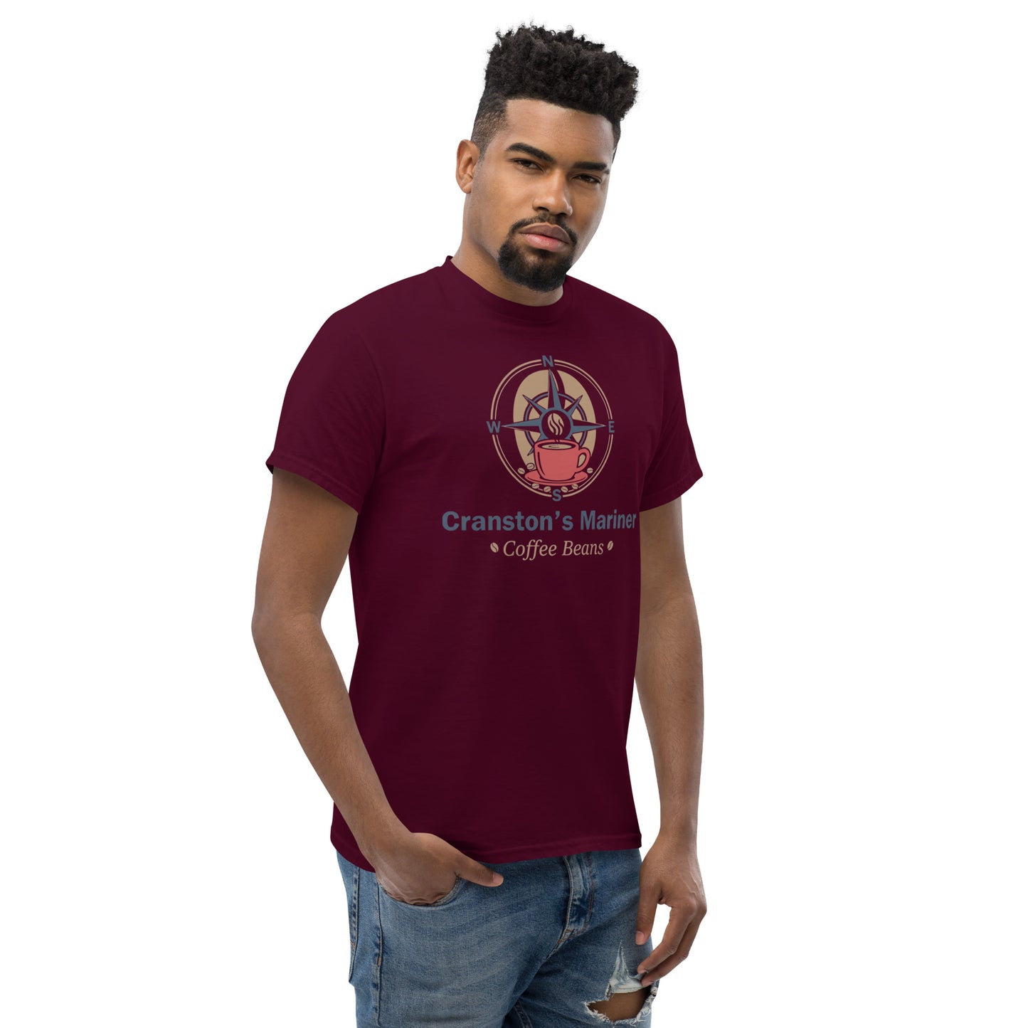 Maroon unisex classic T-shirt with centered logo graphic and text, crew neck