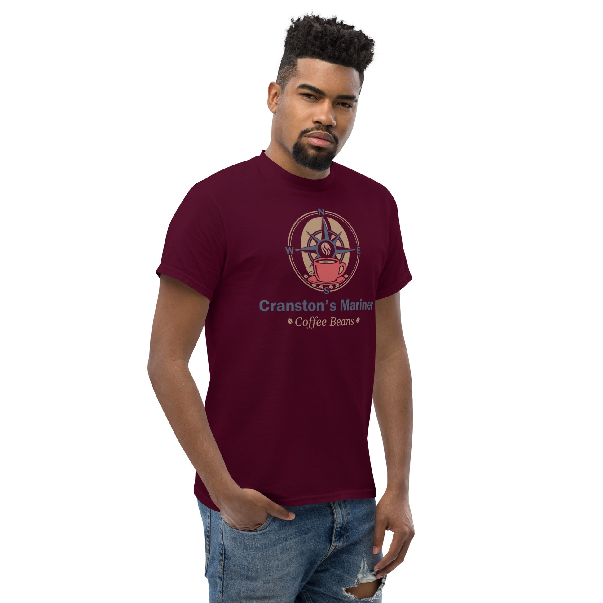 Maroon unisex classic T-shirt with centered logo graphic and text, crew neck