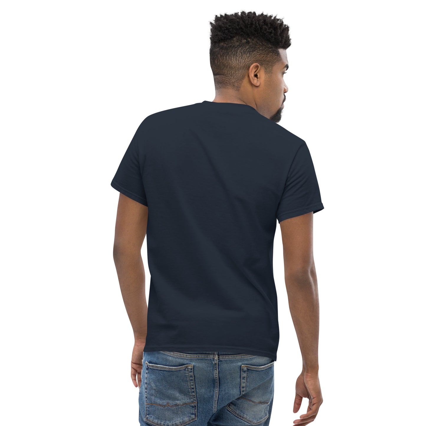 Navy unisex classic T-shirt with crew neck and short sleeves; logo on back.