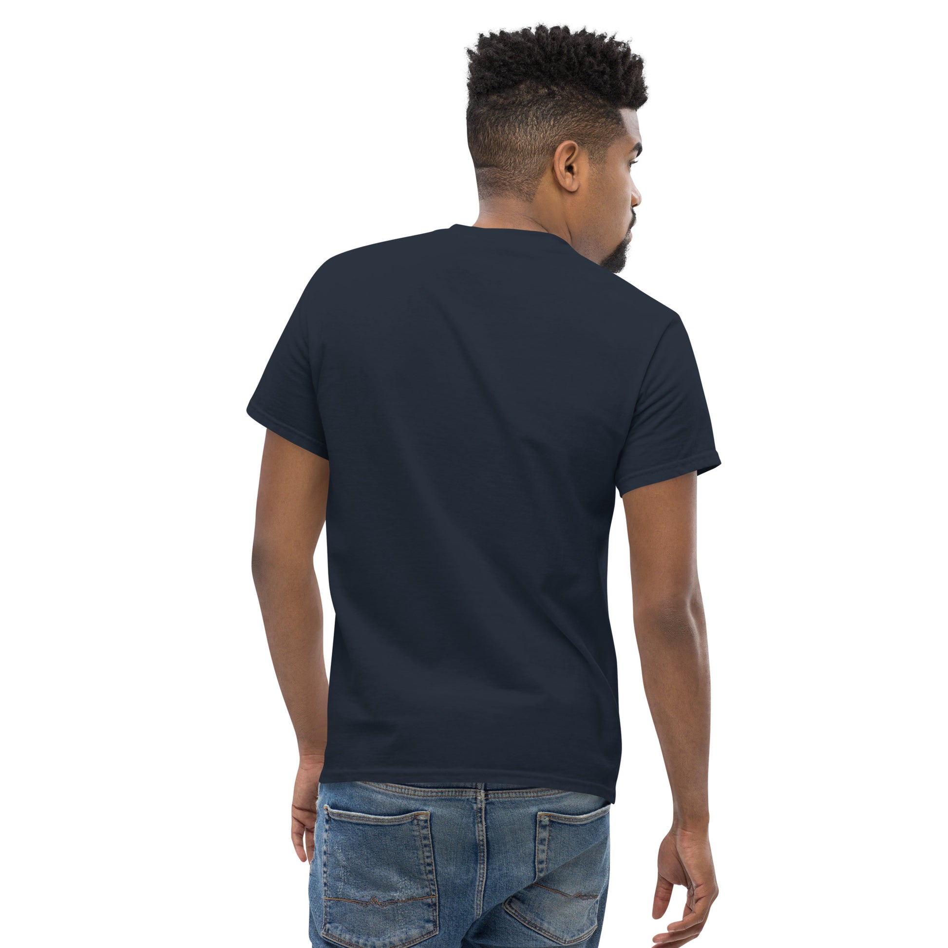 Navy unisex classic T-shirt with crew neck and short sleeves; logo on back.