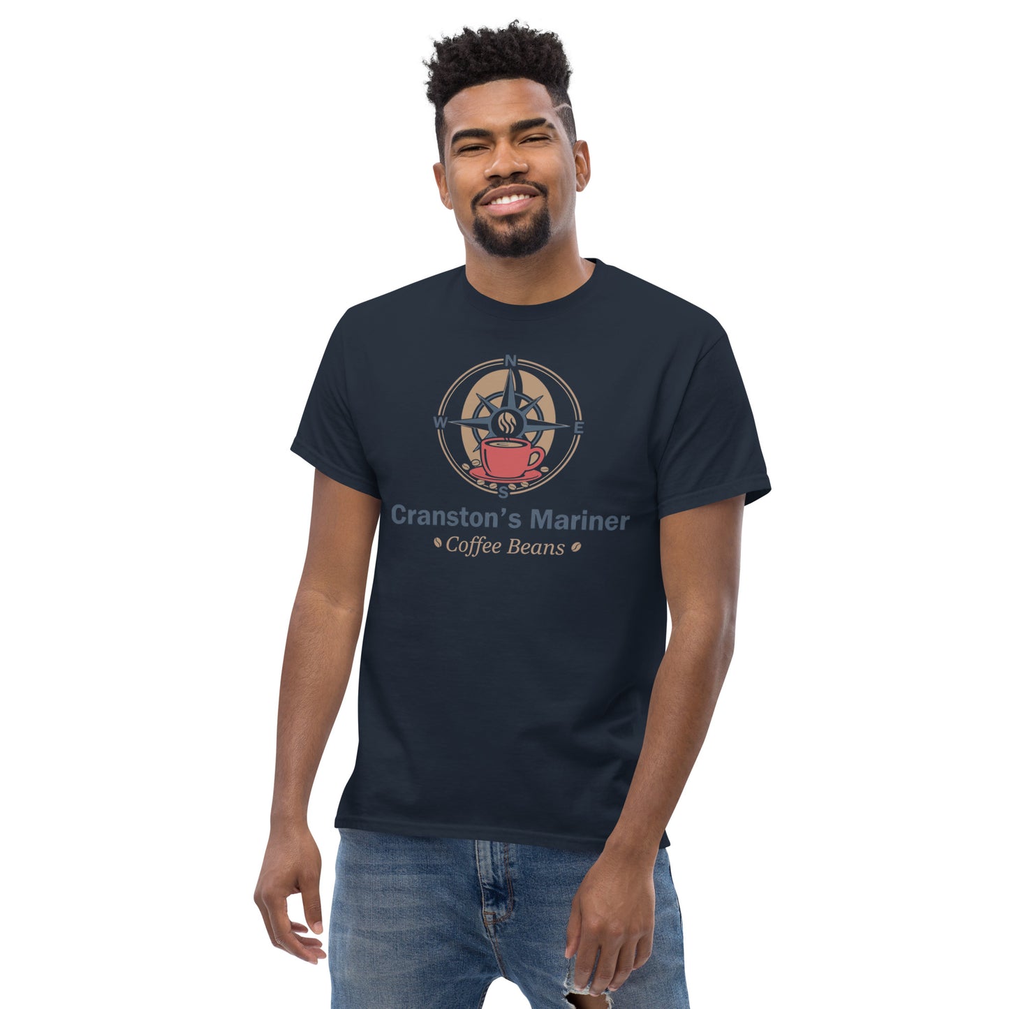 Unisex classic T-shirt, navy, front graphic logo and coffee beans text