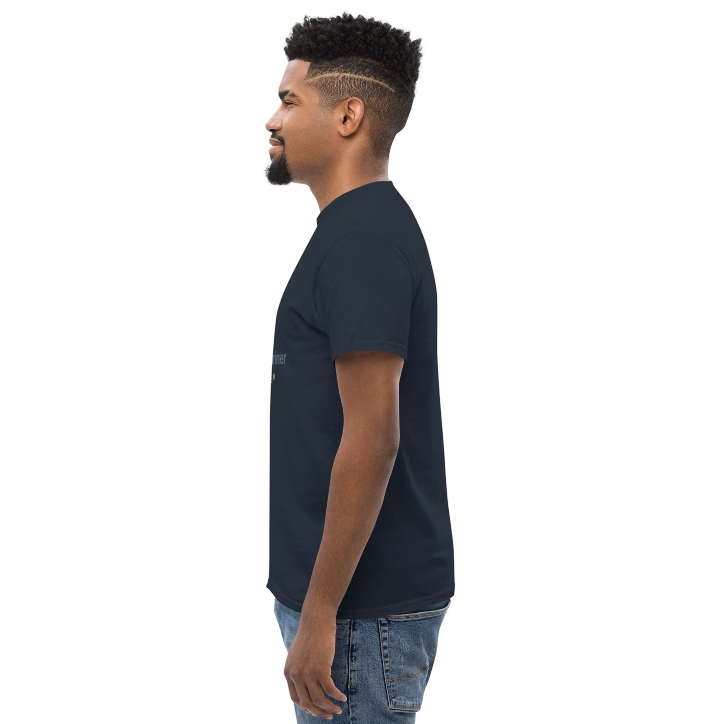 Navy unisex classic T-shirt with crew neck and short sleeves; side view.