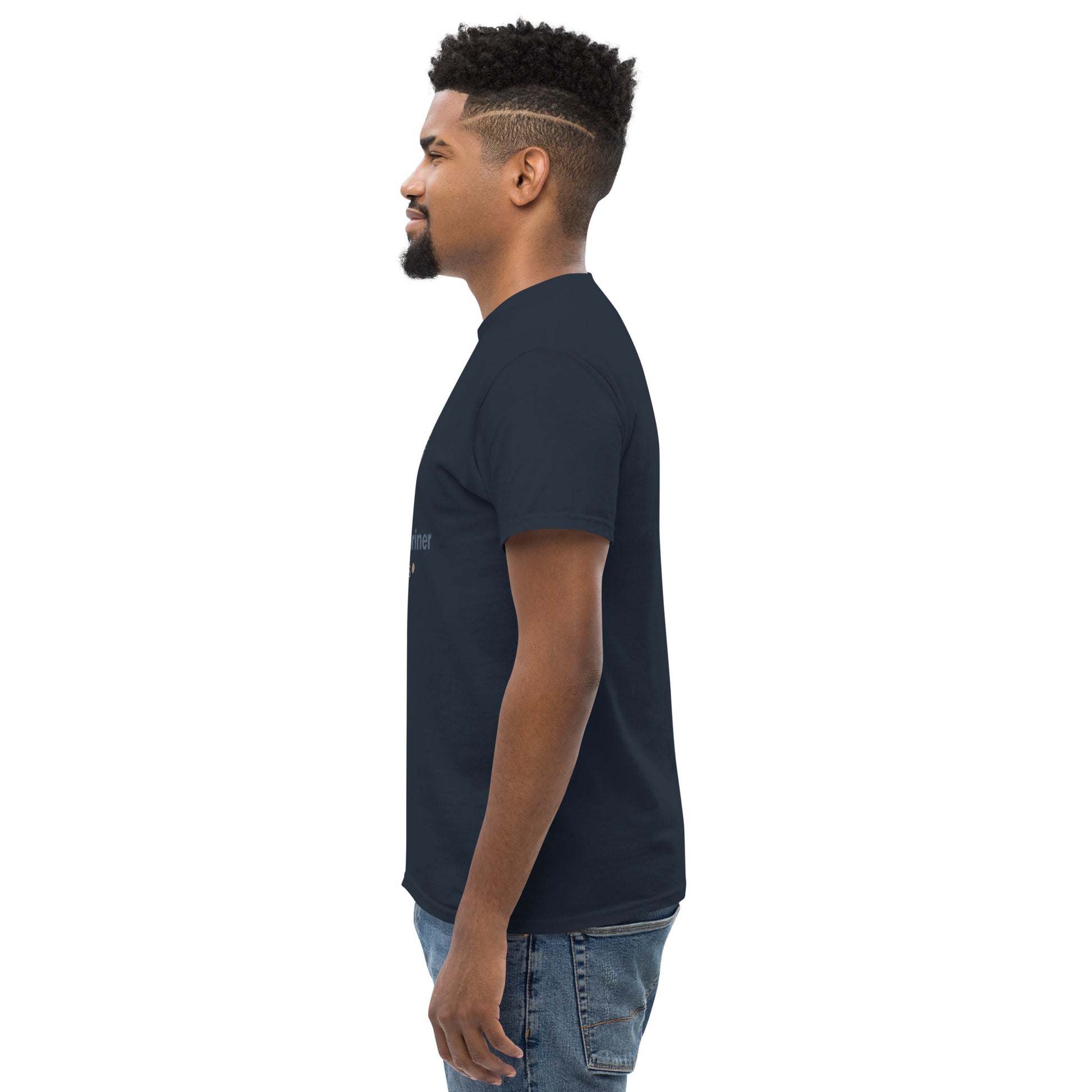 Navy unisex classic T-shirt with crew neck and short sleeves; side view.