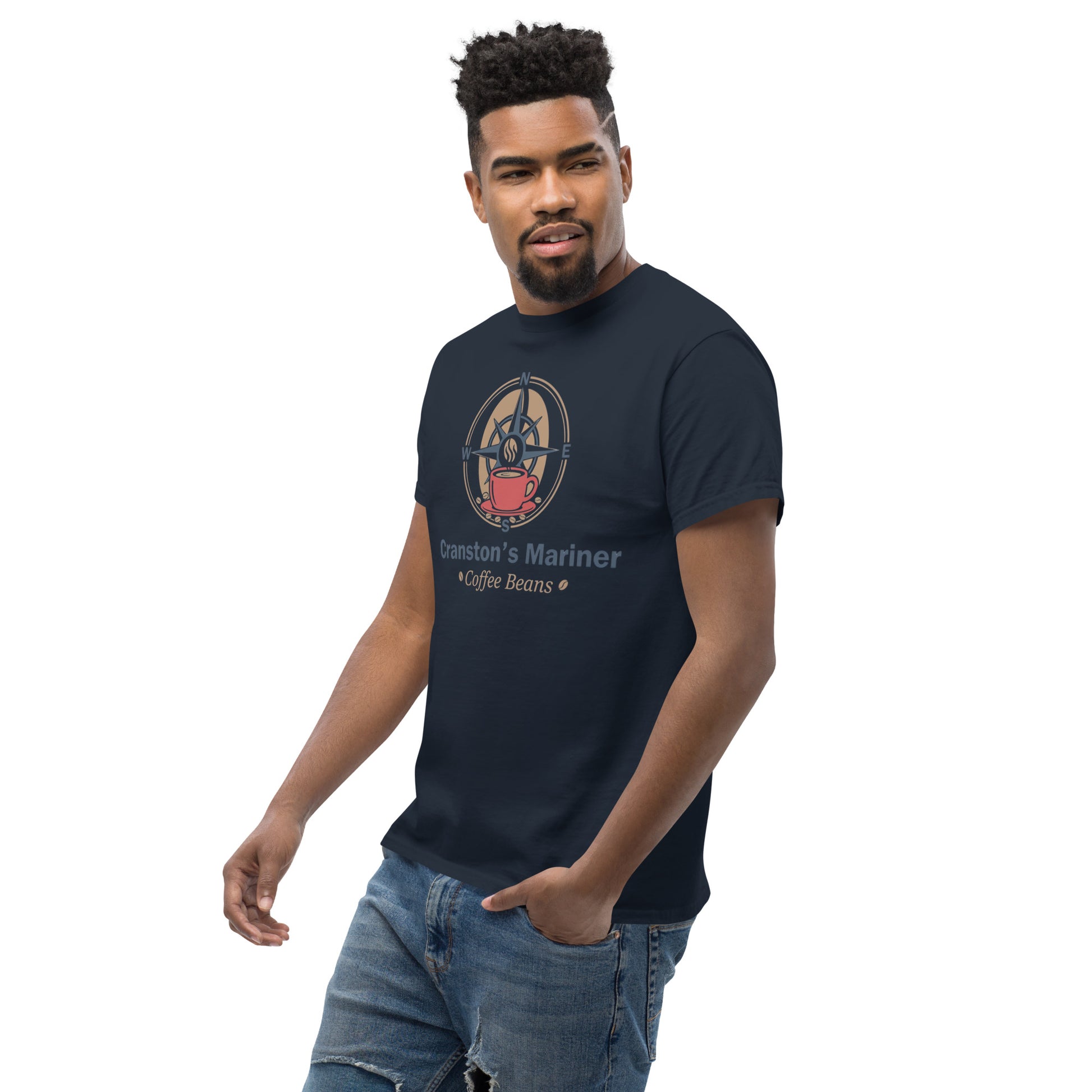 Navy unisex classic T-shirt with crew neck and short sleeves; front graphic print.