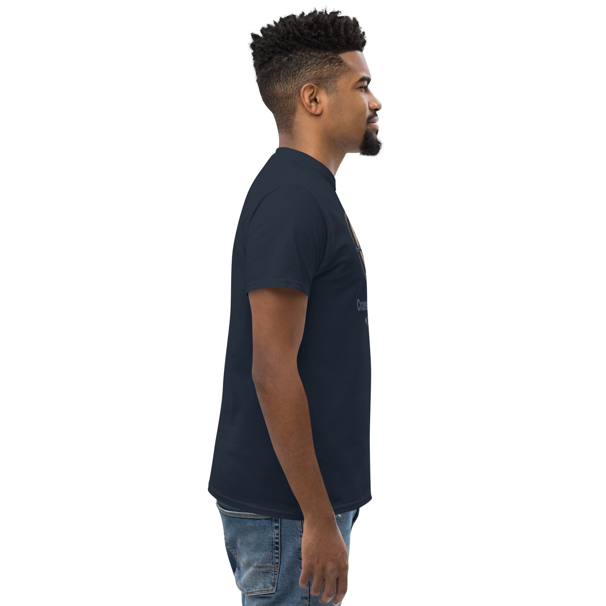 Navy unisex classic T-shirt with crew neck and short sleeves; other side view.