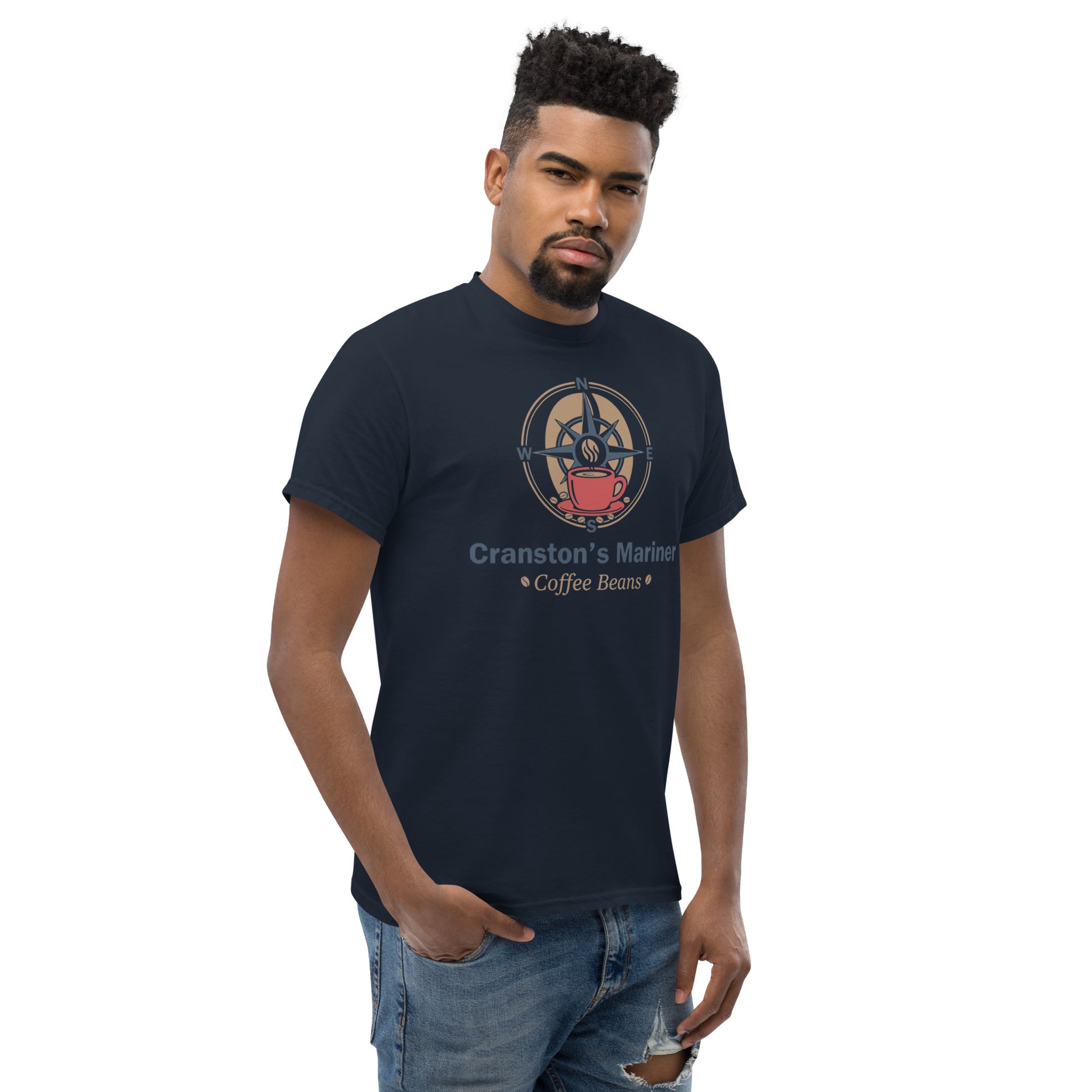 Navy unisex classic T-shirt with crew neck and short sleeves; front graphic at chest.