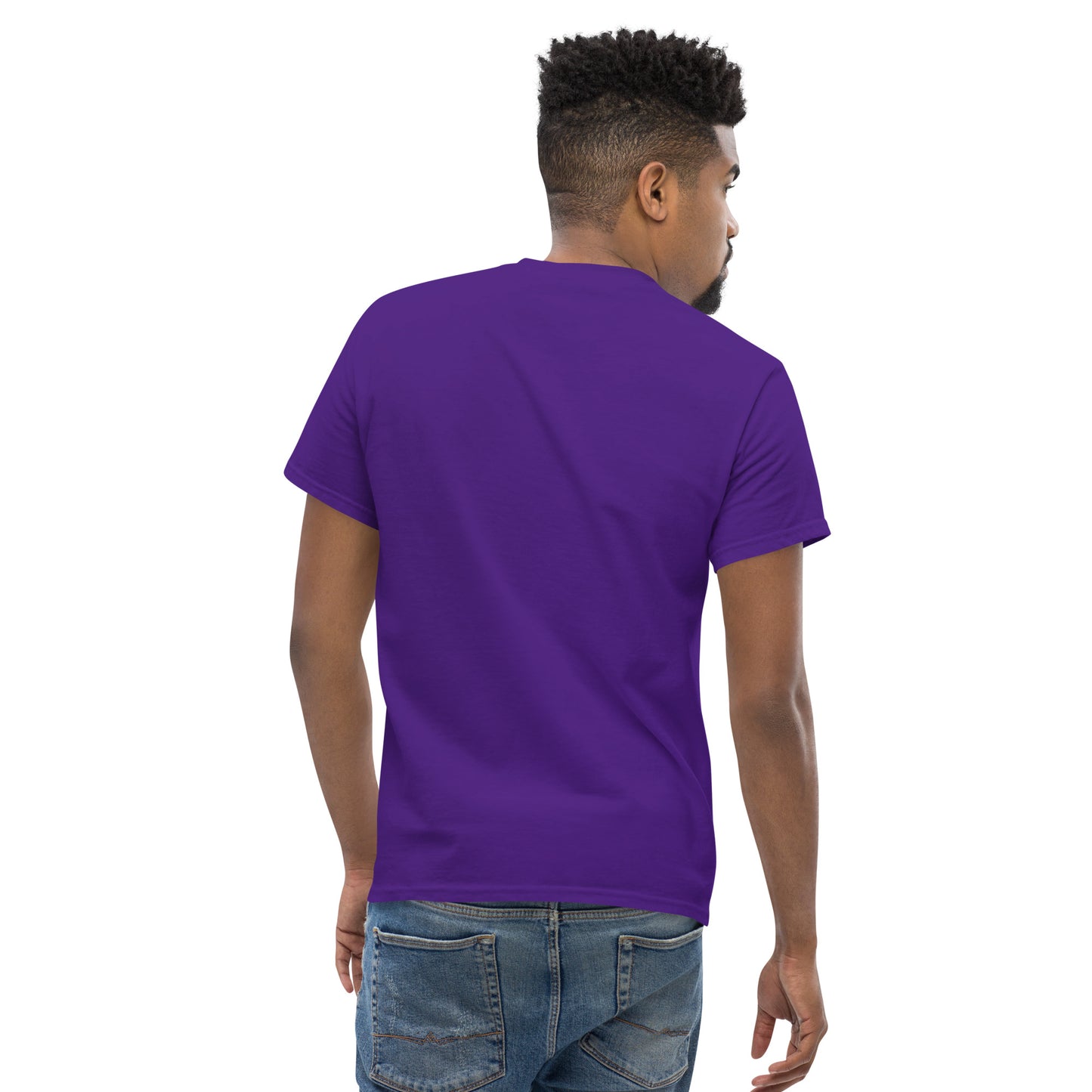 Purple unisex classic T-shirt with crew neck and short sleeves; back three-quarter view.