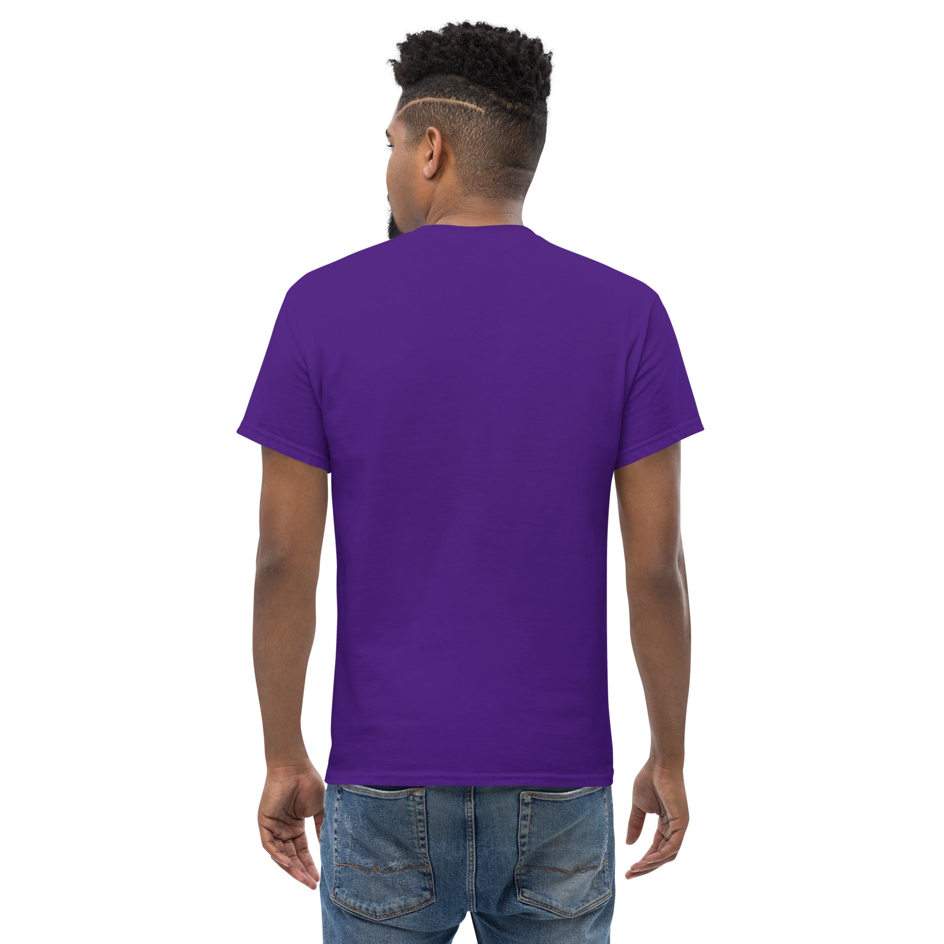 Purple unisex classic T-shirt with crew neck and short sleeves; logo on back.