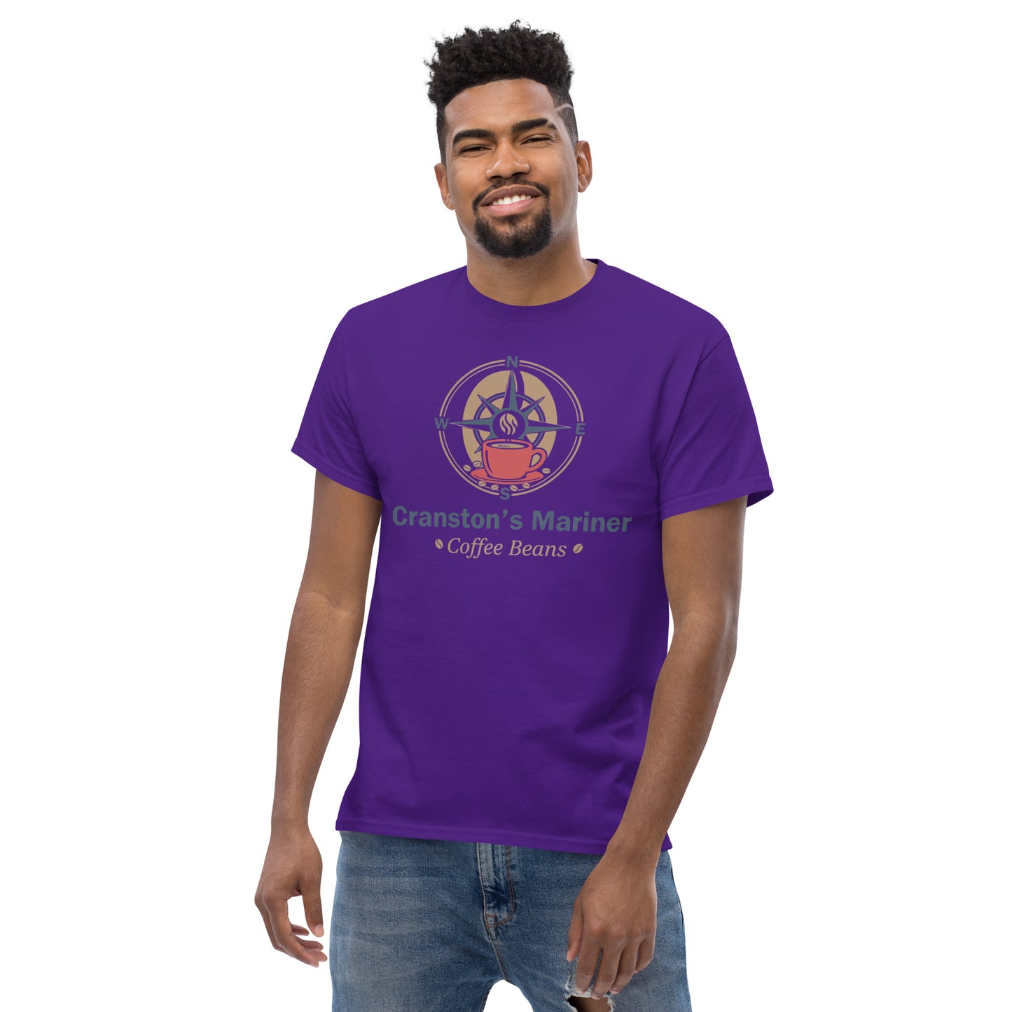 Purple unisex classic T-shirt with crew neck and short sleeves; front view.