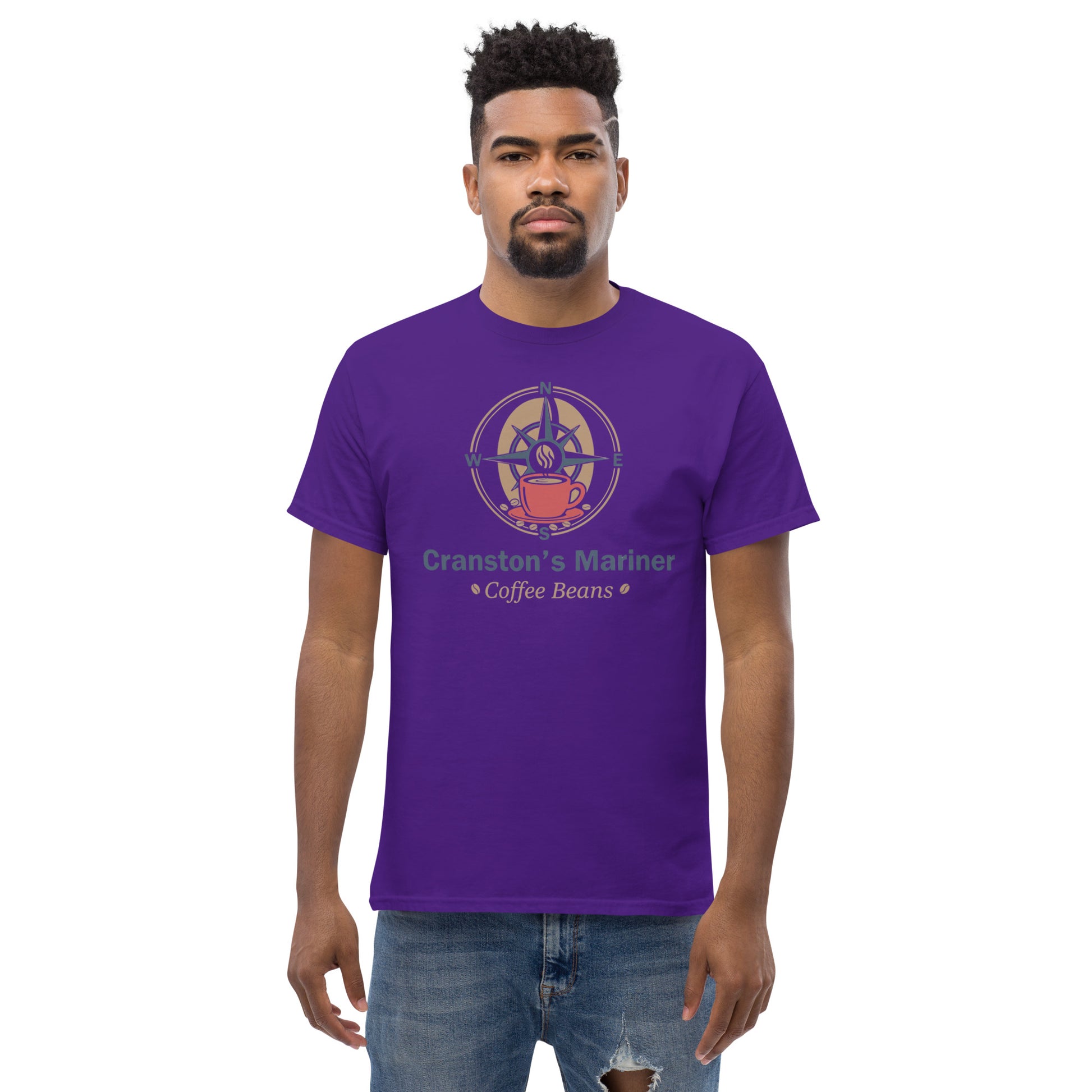 Purple unisex classic T-shirt with crew neck and short sleeves; front graphic print.