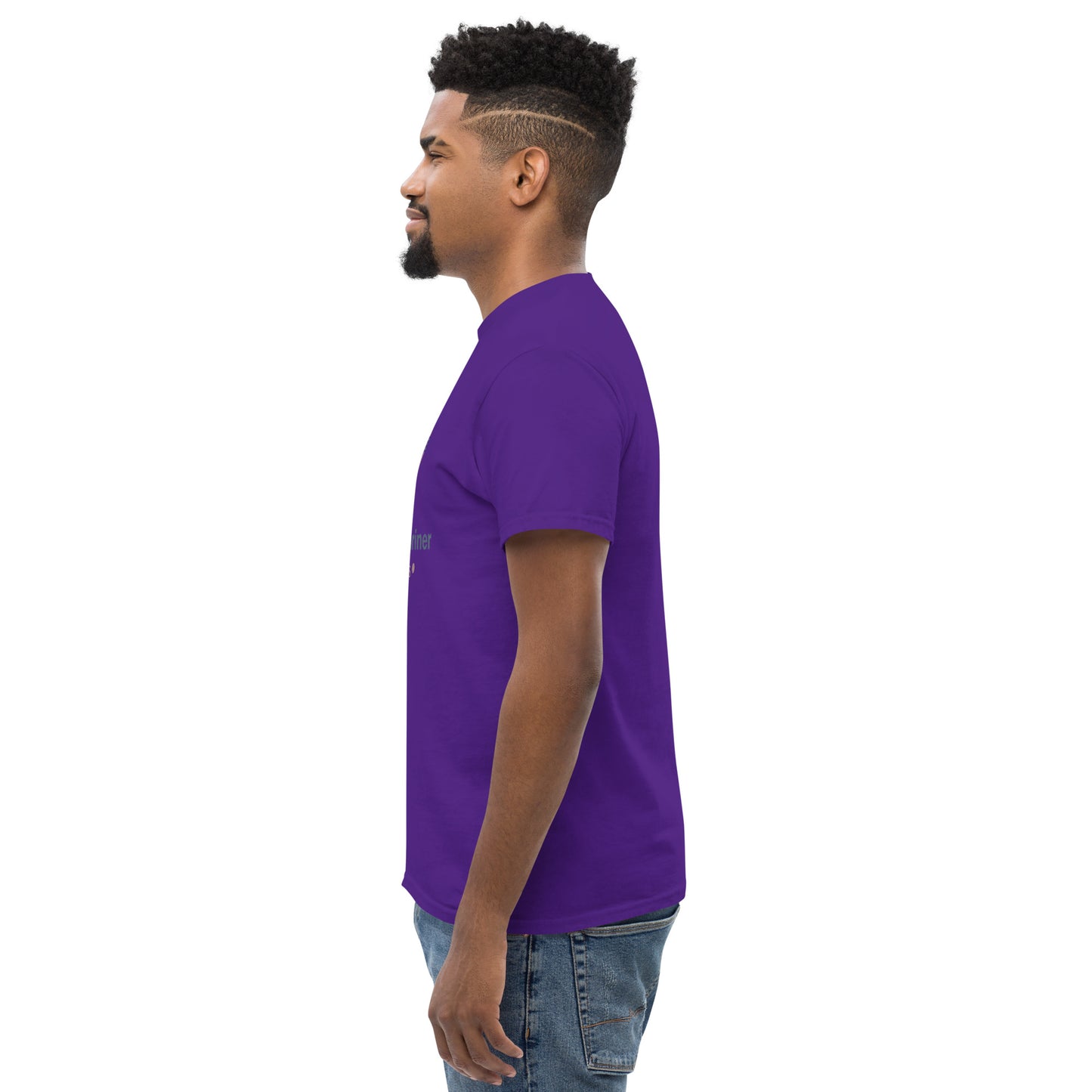 Purple unisex classic T-shirt with crew neck and short sleeves; side profile view.