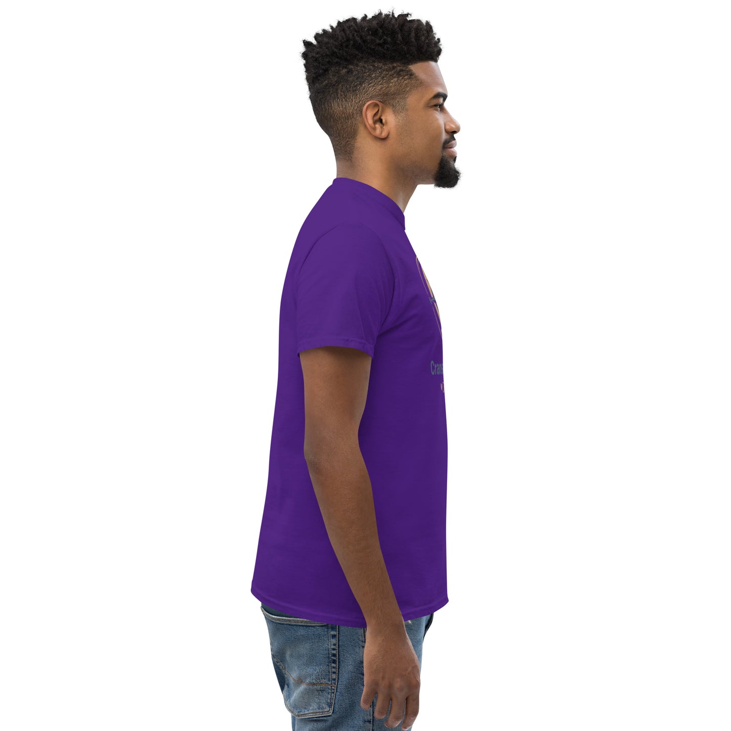 Unisex classic tee, purple crewneck short sleeve, side view