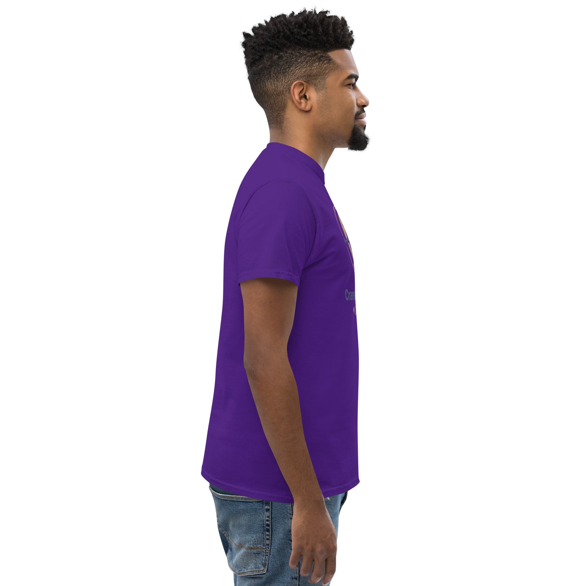 Unisex classic tee, purple crewneck short sleeve, side view