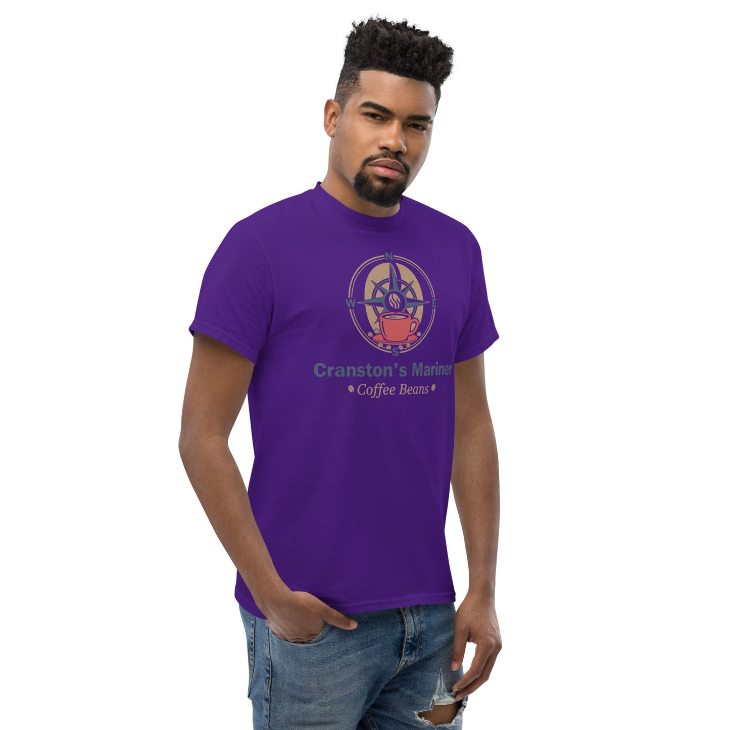 Unisex classic tee, purple crewneck with large chest logo graphic