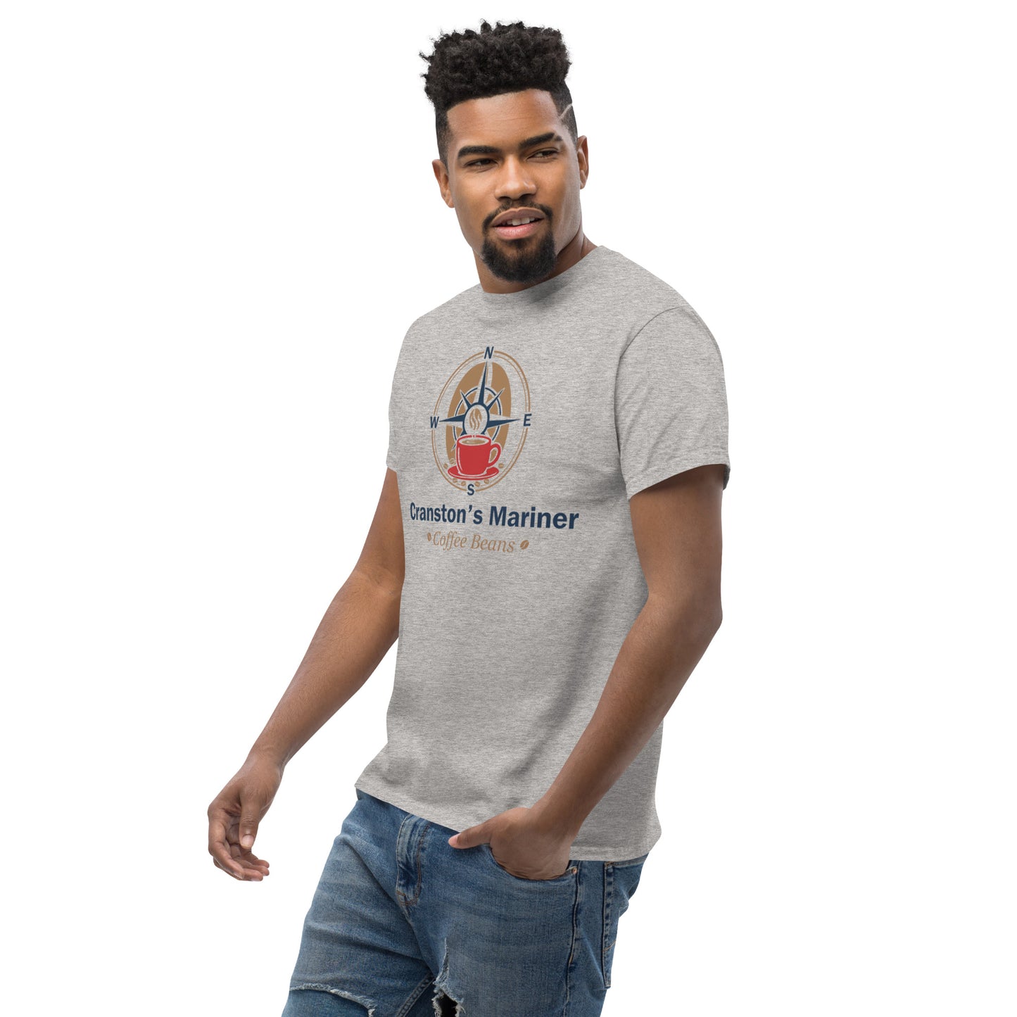 Unisex classic tee, sport grey crewneck with chest nautical graphic and text