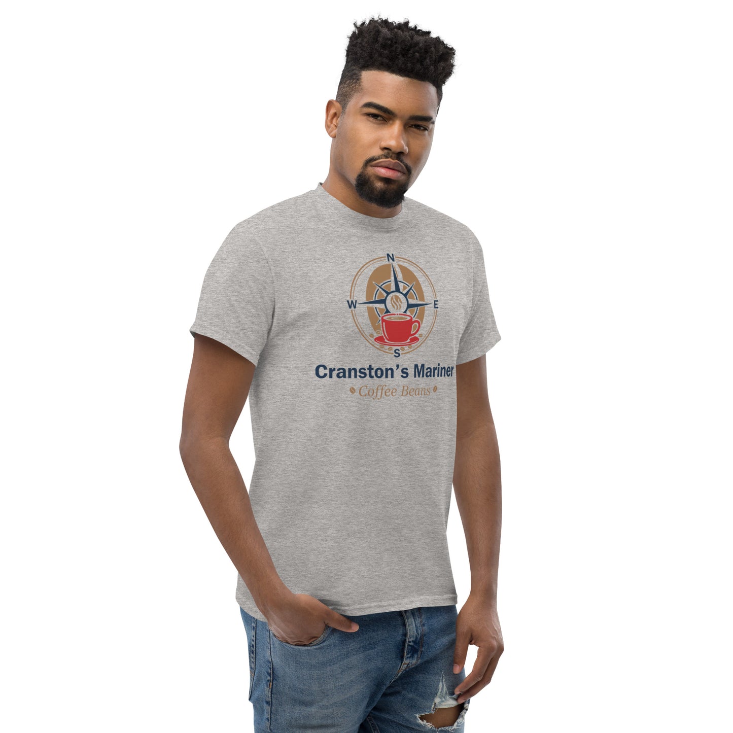 Unisex classic T-shirt, heather gray, crew neck with marine logo graphic on chest