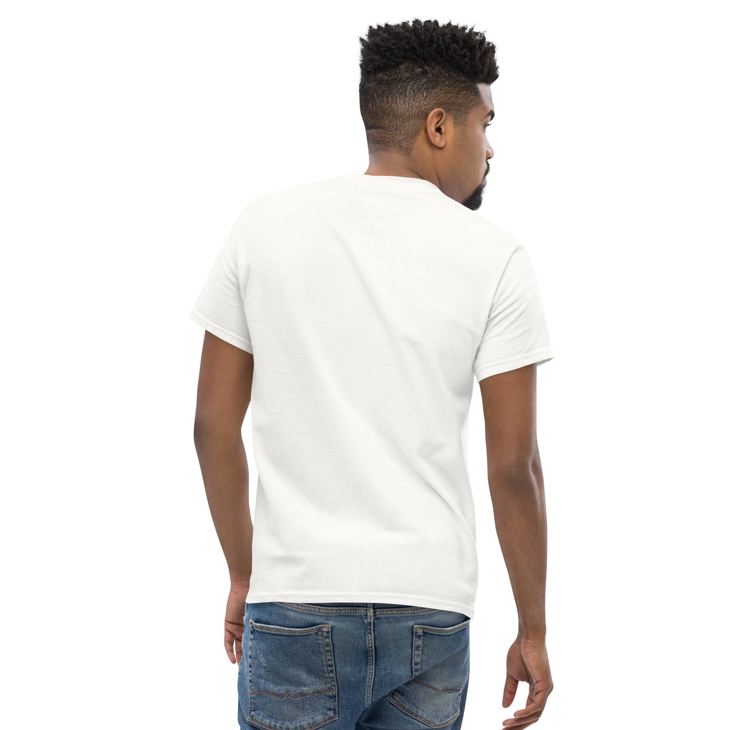 Unisex classic T-shirt, white, short sleeves, crew neck, plain back view.