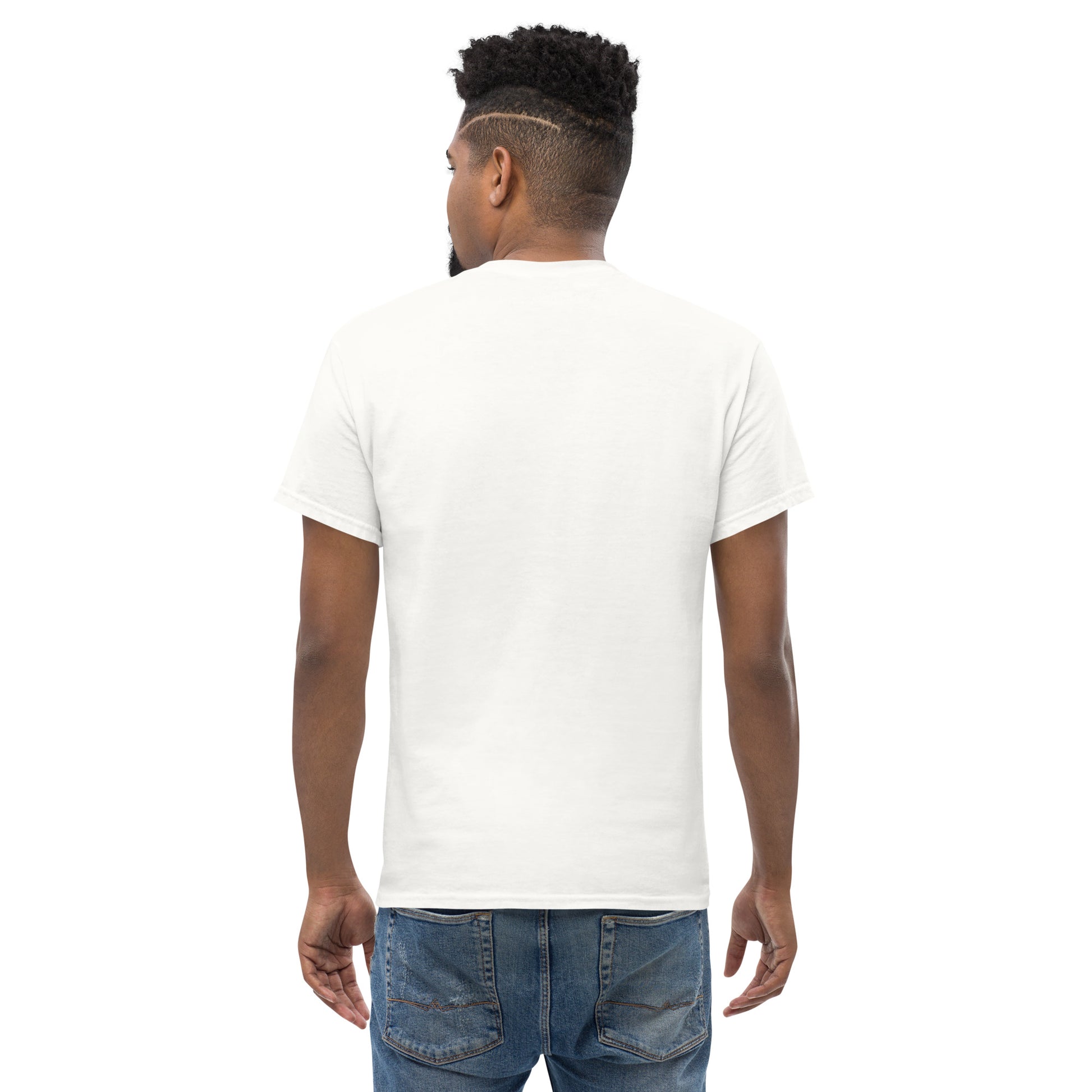 Unisex classic T-shirt, white, short sleeves, crew neck, plain back.