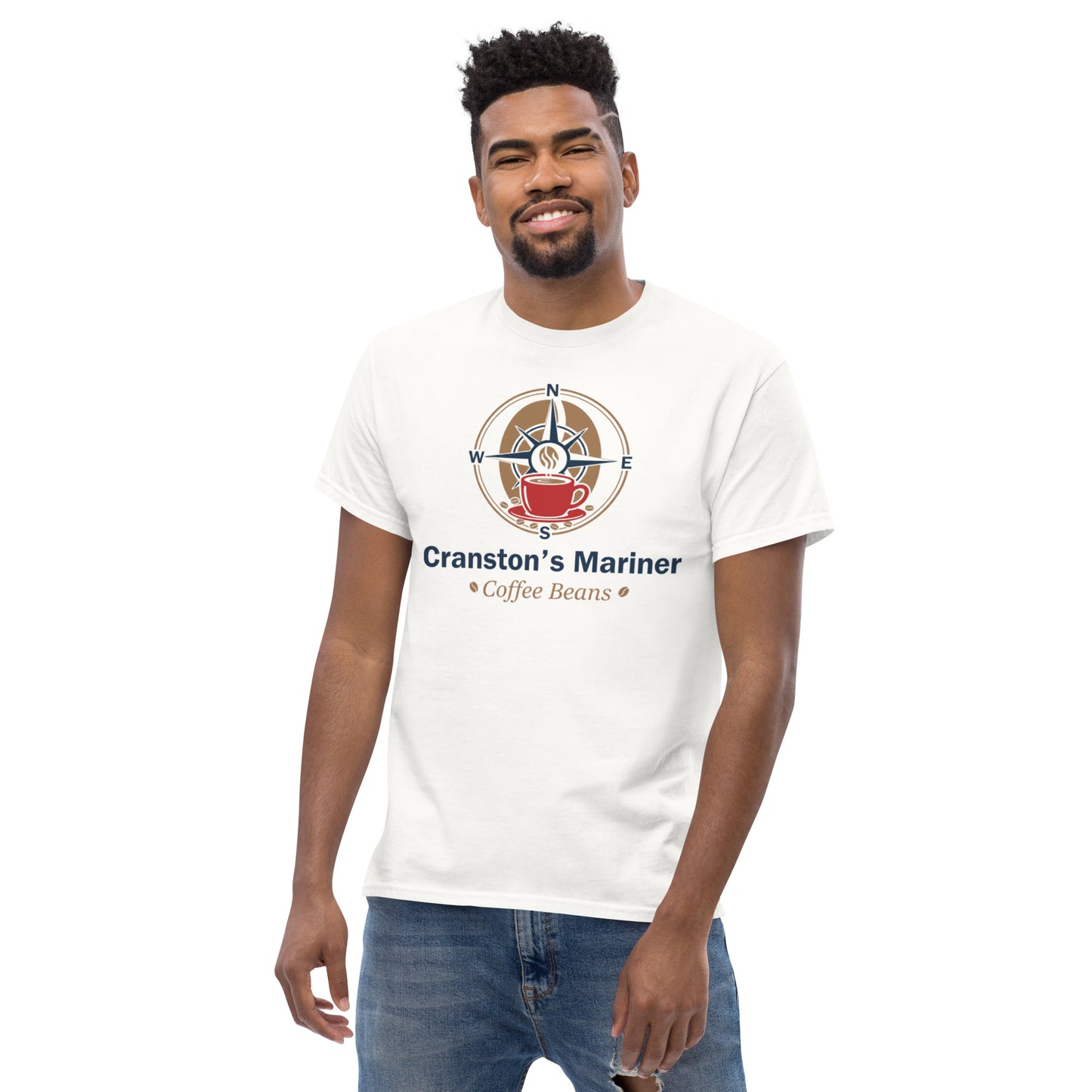 White unisex classic T-shirt with round graphic logo and text on chest