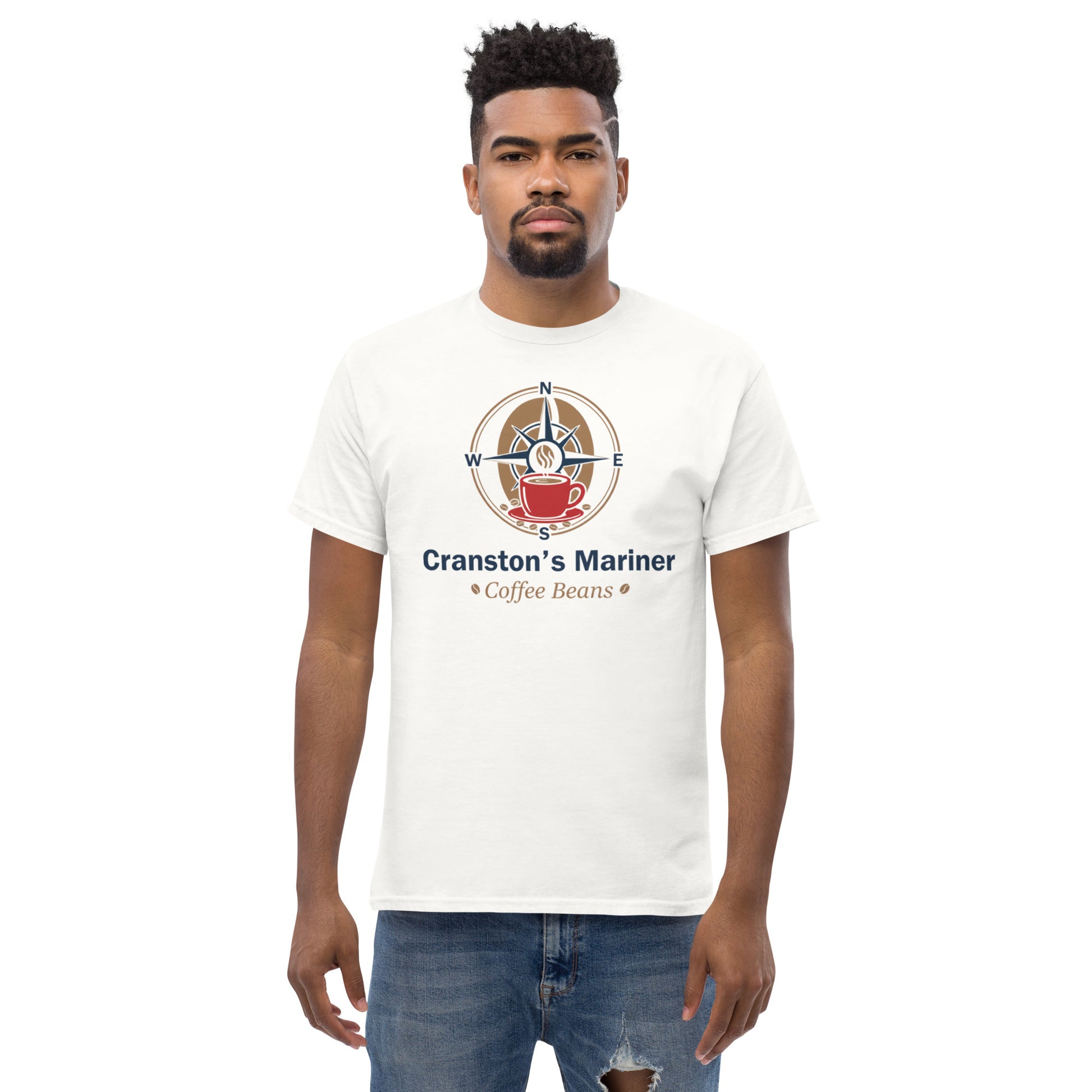 Unisex classic T-shirt, white, crew neck with marine emblem and Coffee Beans text